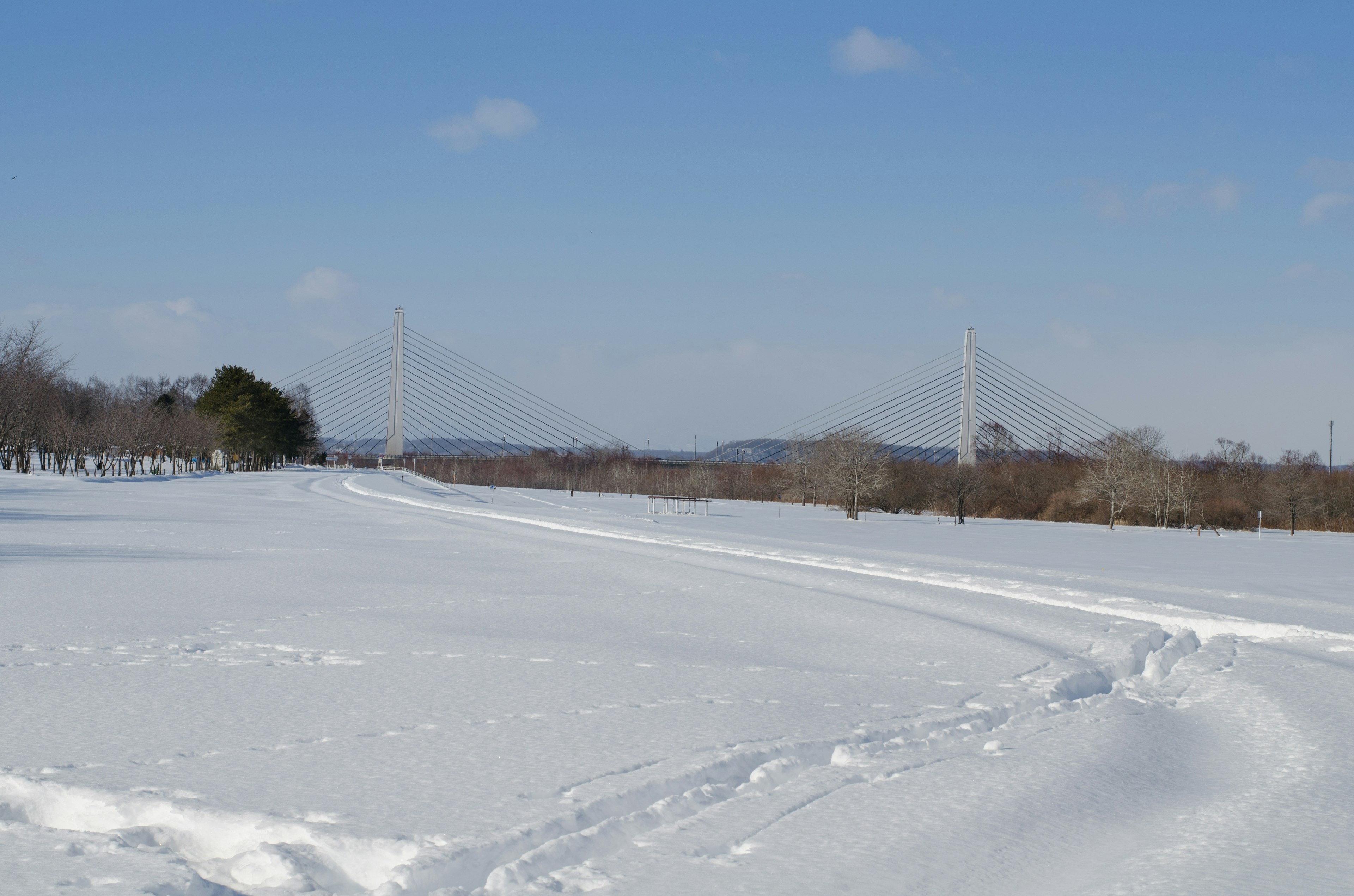 Snow-covered landscape with a winding path under a blue sky