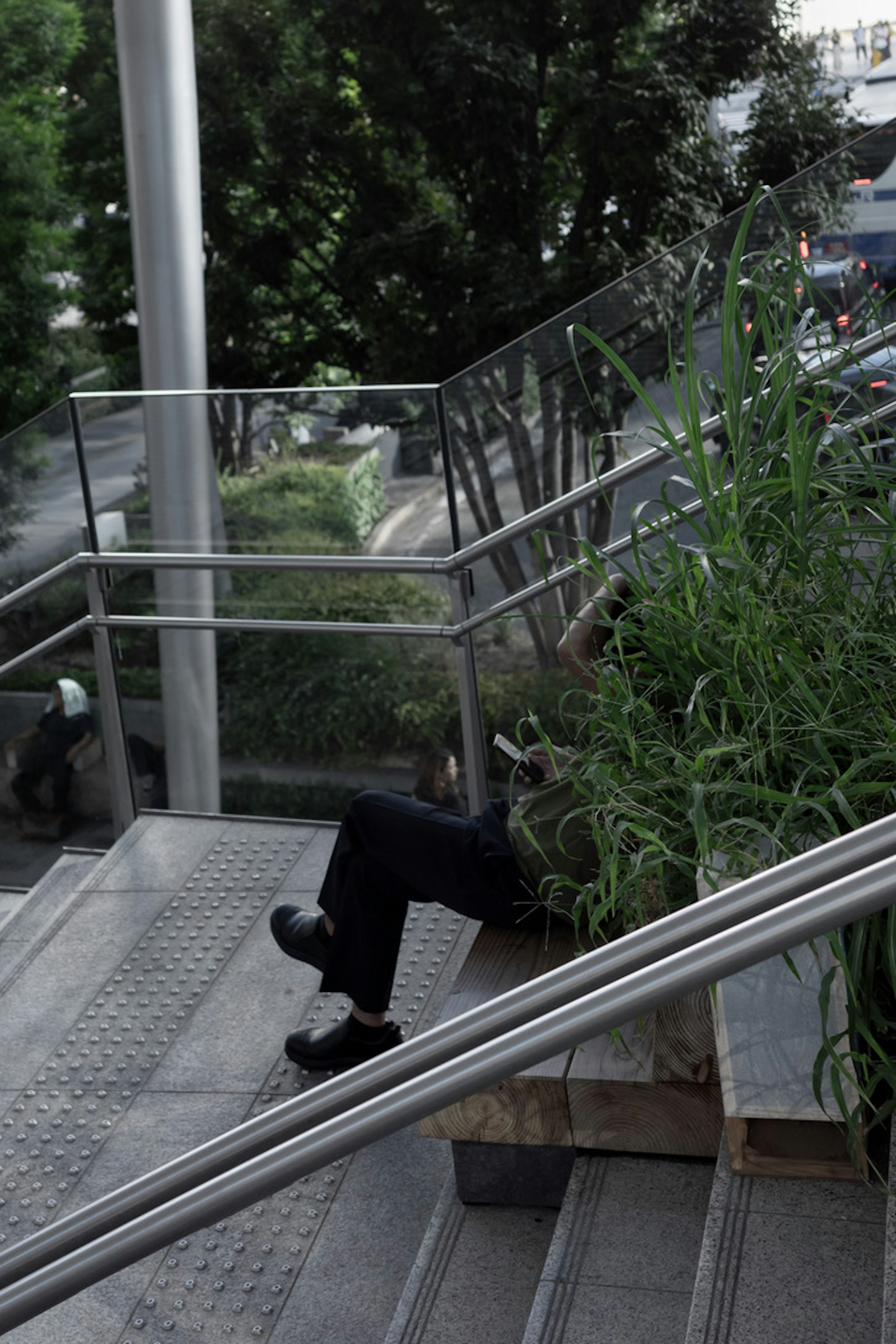 階段に座っている人と緑の植物がある風景