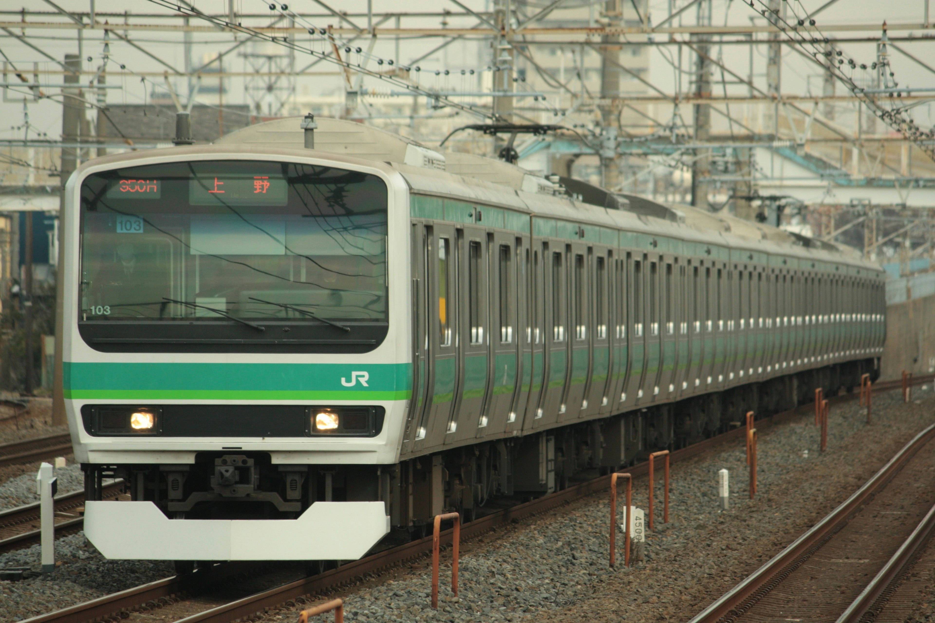 Treno JR con striscia verde in corsa sui binari