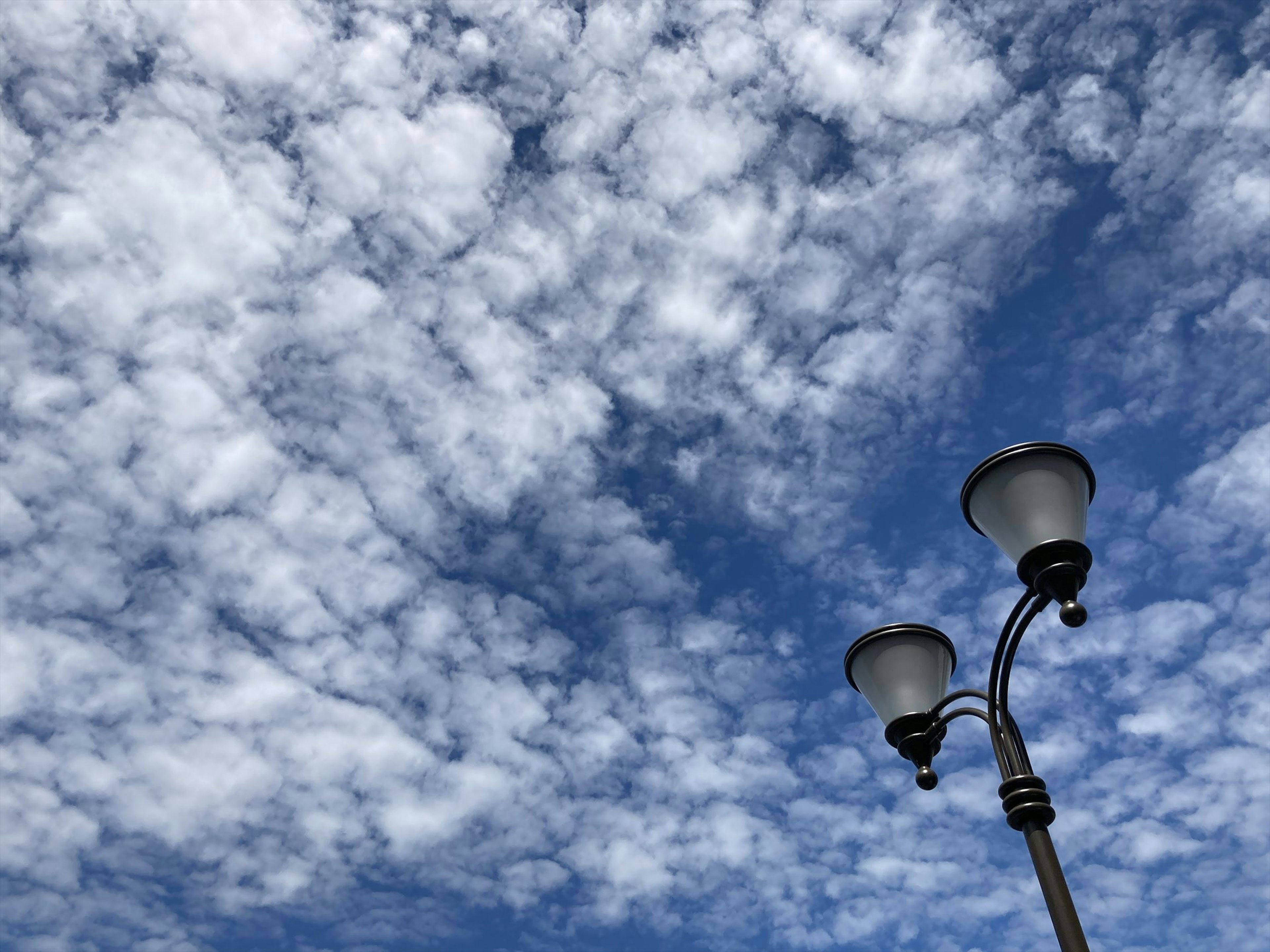 青空と白い雲の背景にある街灯の画像