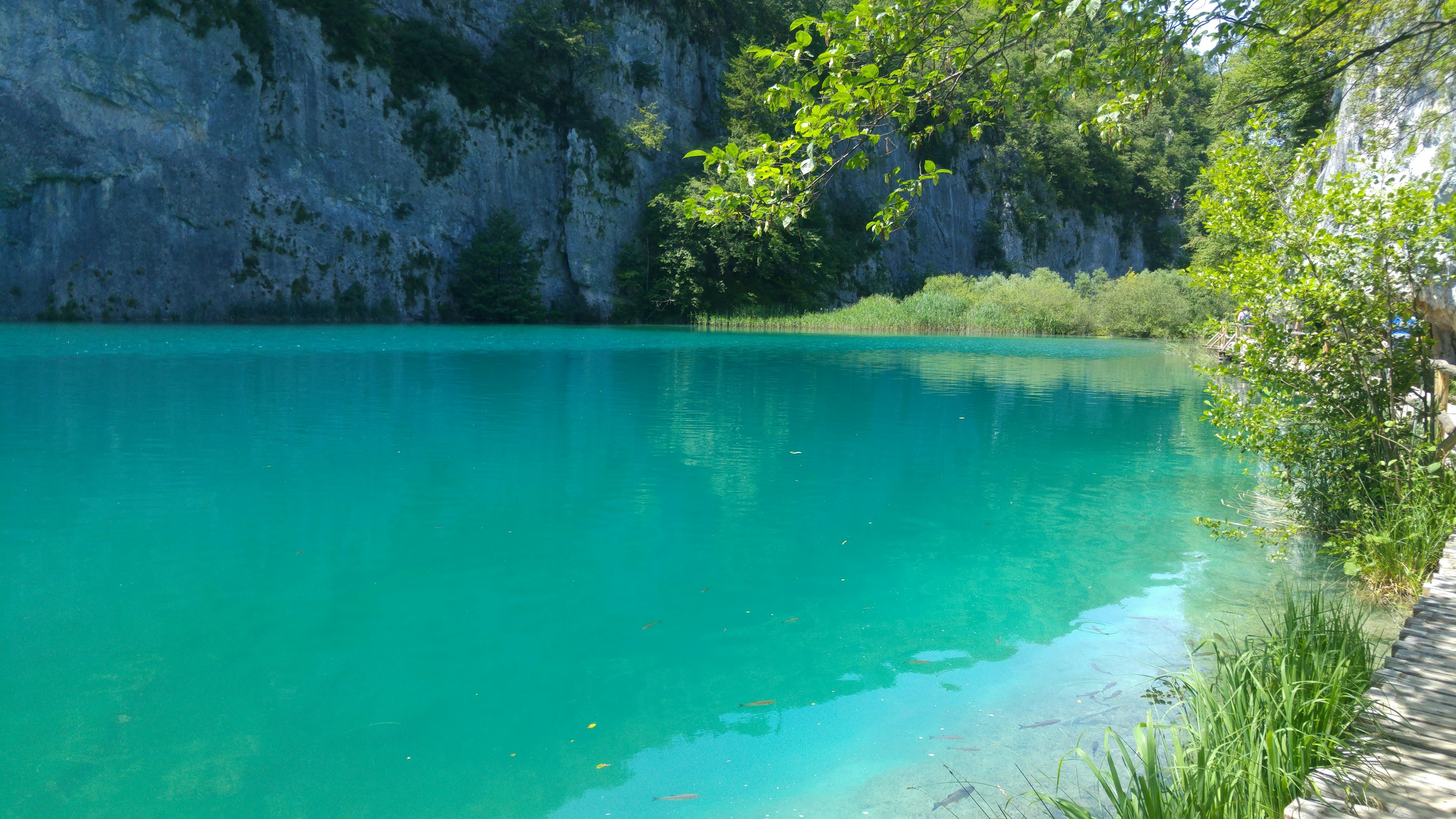 Clear turquoise lake surrounded by rocky cliffs and lush greenery