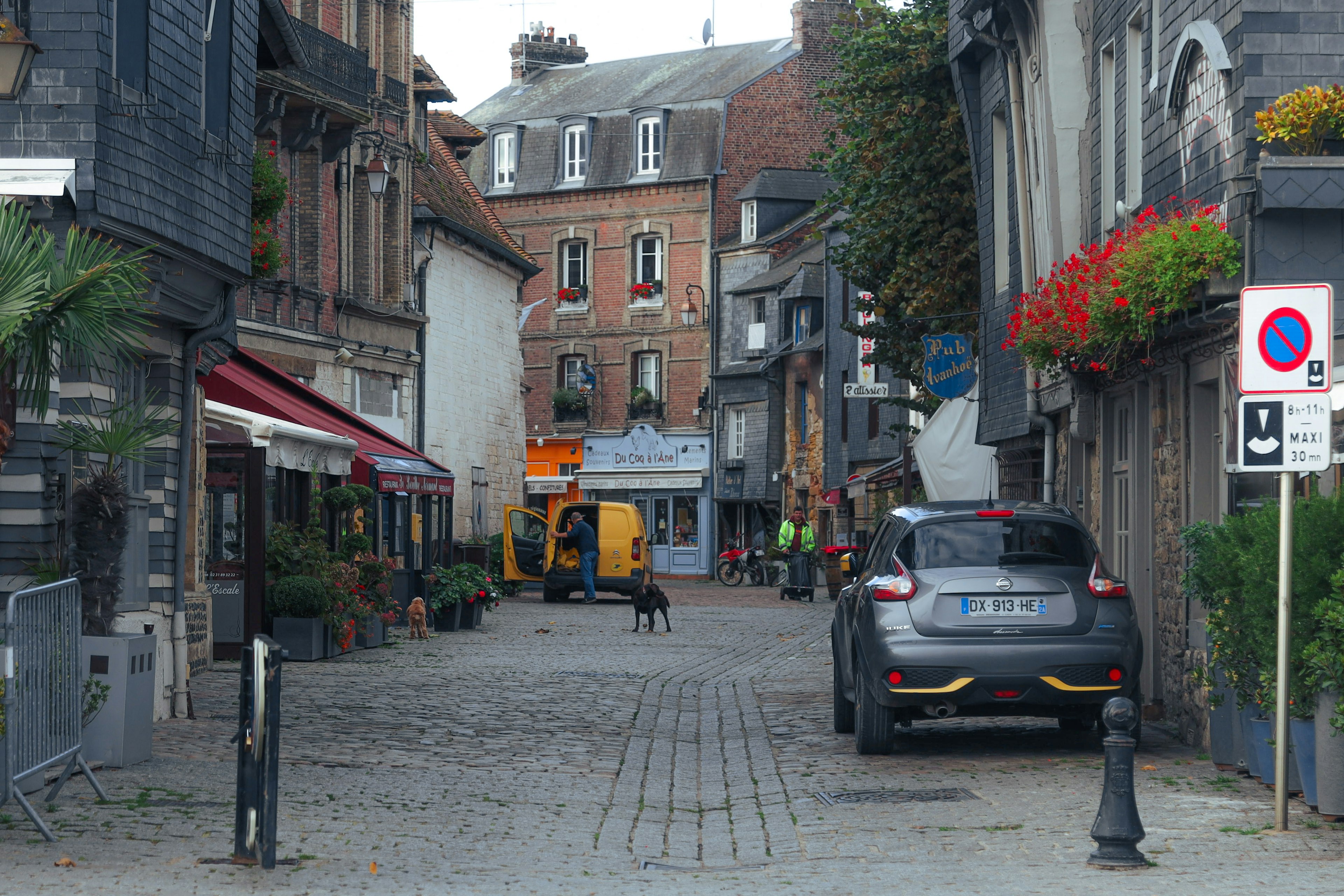 A cobblestone street lined with cafes and shops featuring a car and a dog