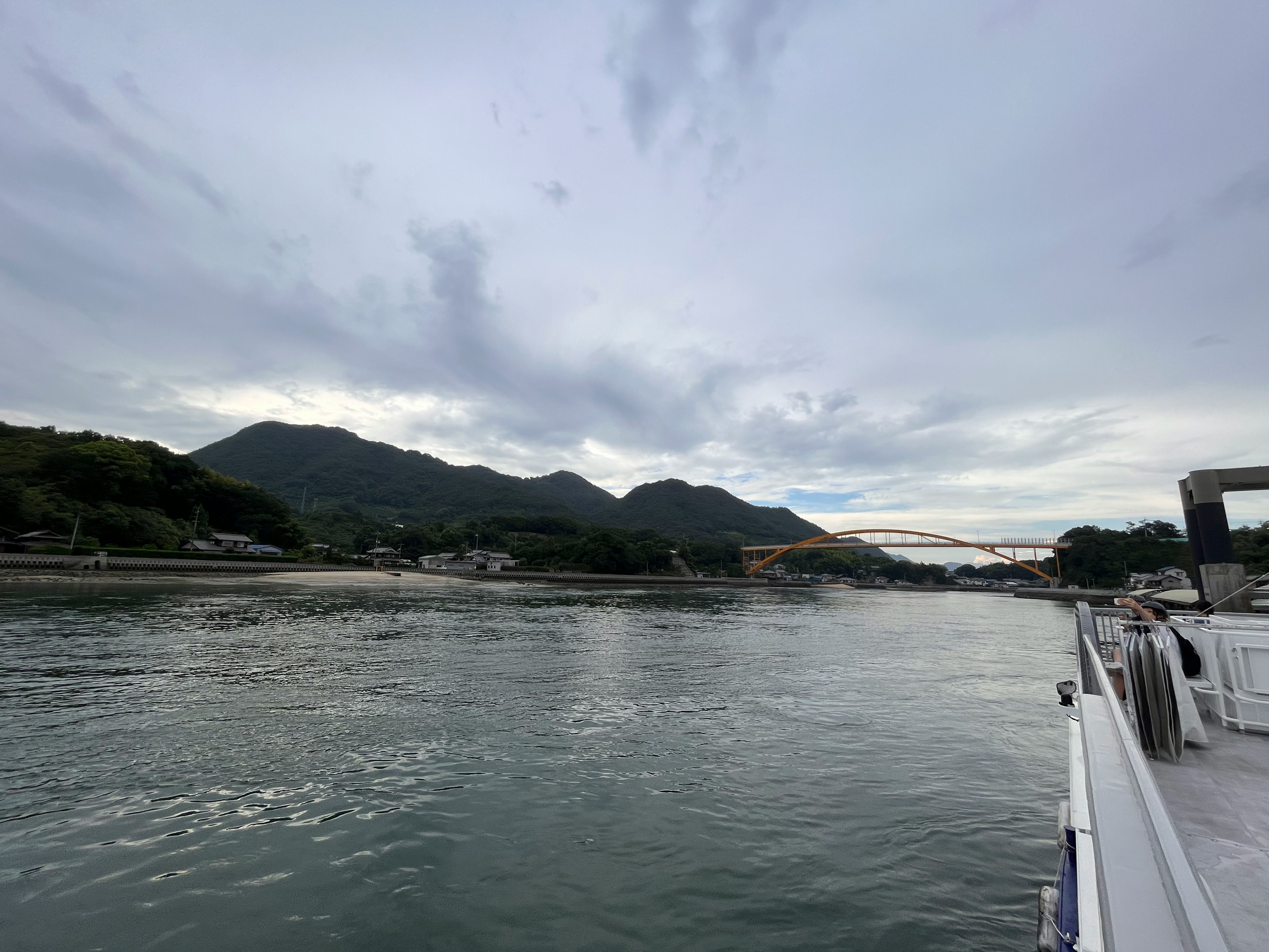 穏やかな川の景色と山々の背景が広がる風景