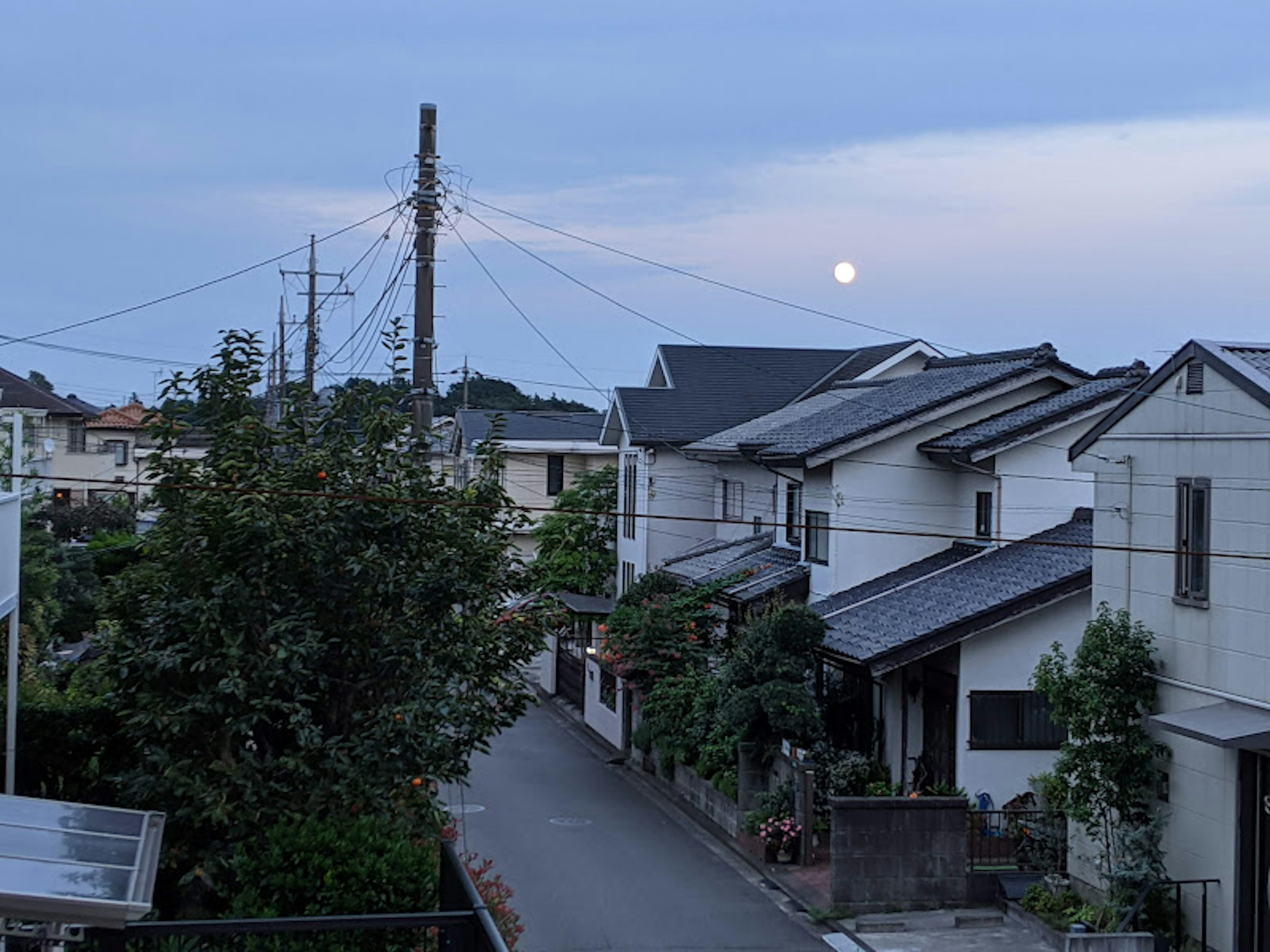 Jalan pemukiman tenang saat senja dengan bulan yang terang