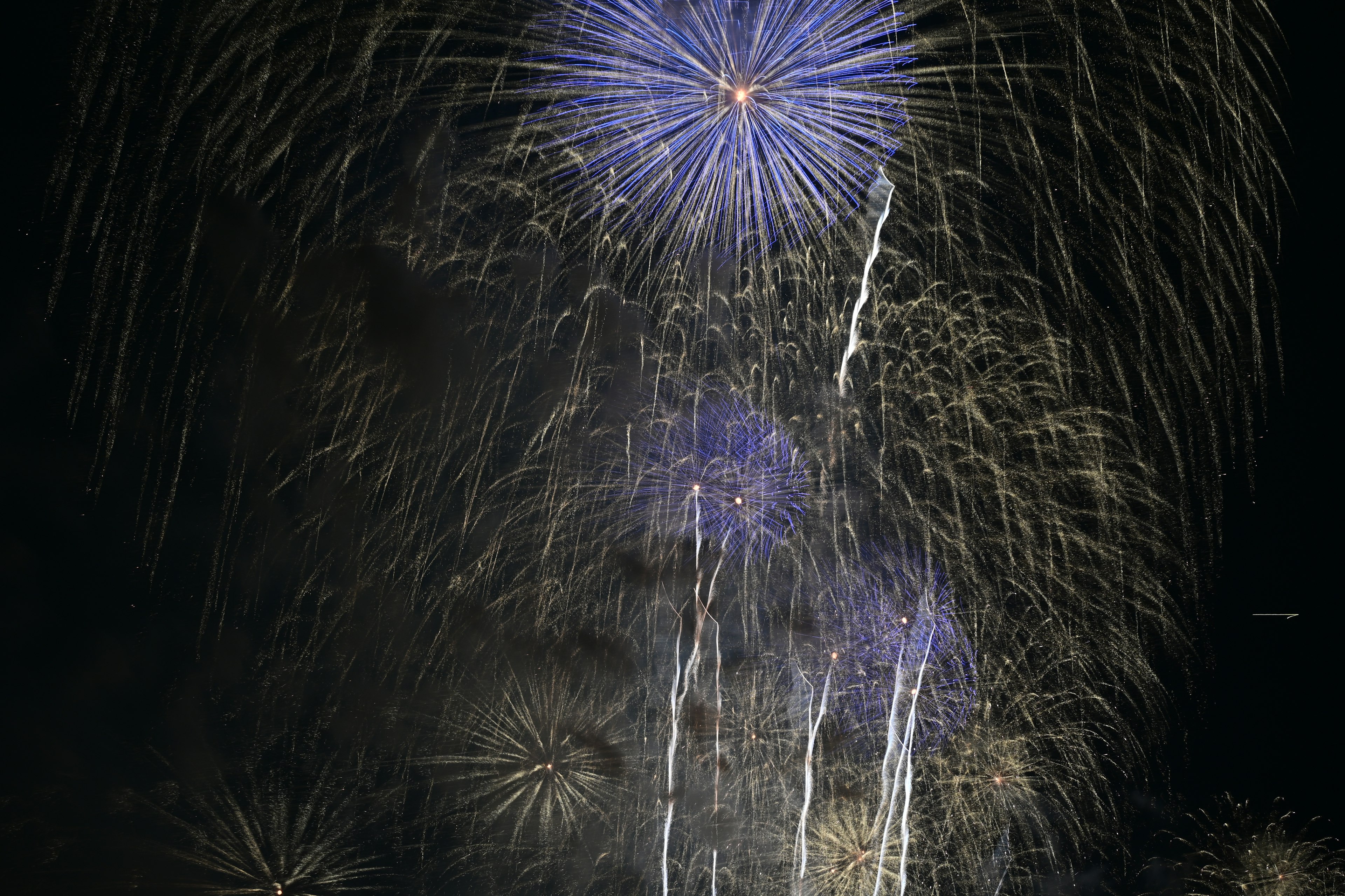 Spettacolo di fuochi d'artificio blu che esplodono nel cielo notturno