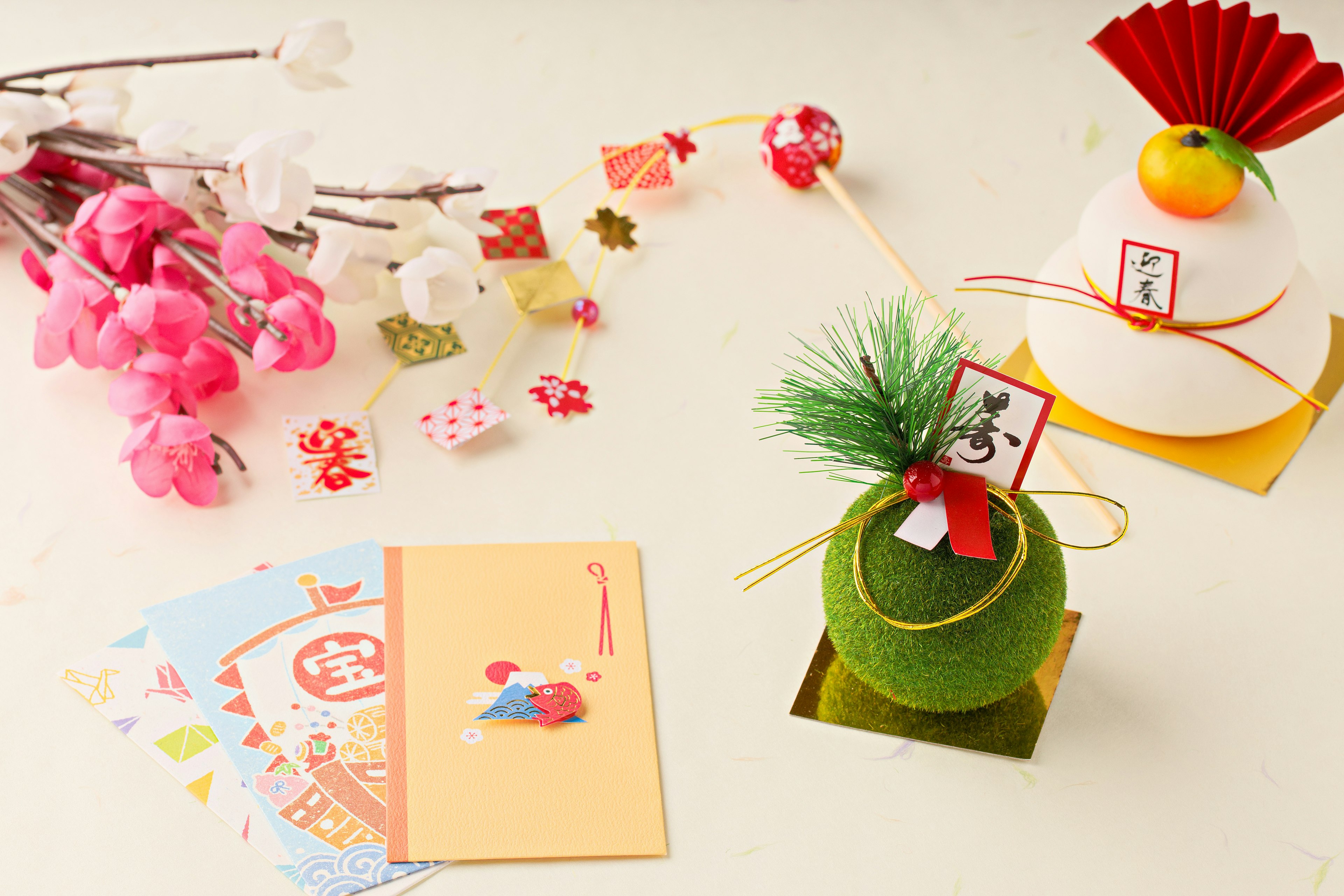 Traditional Japanese New Year decorations with flowers and colorful ornaments