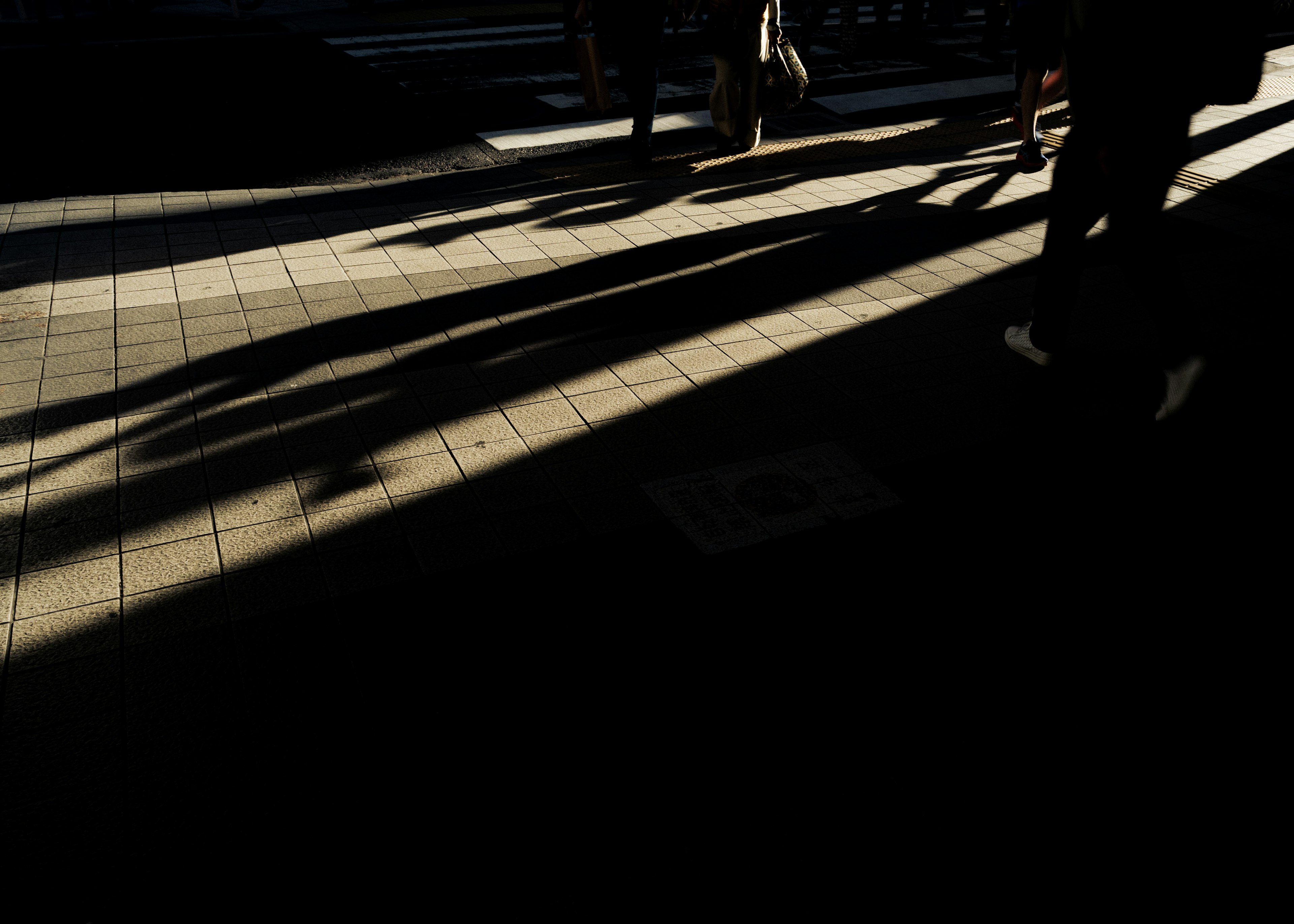 Silhouettes of people walking cast in shadows on a city sidewalk