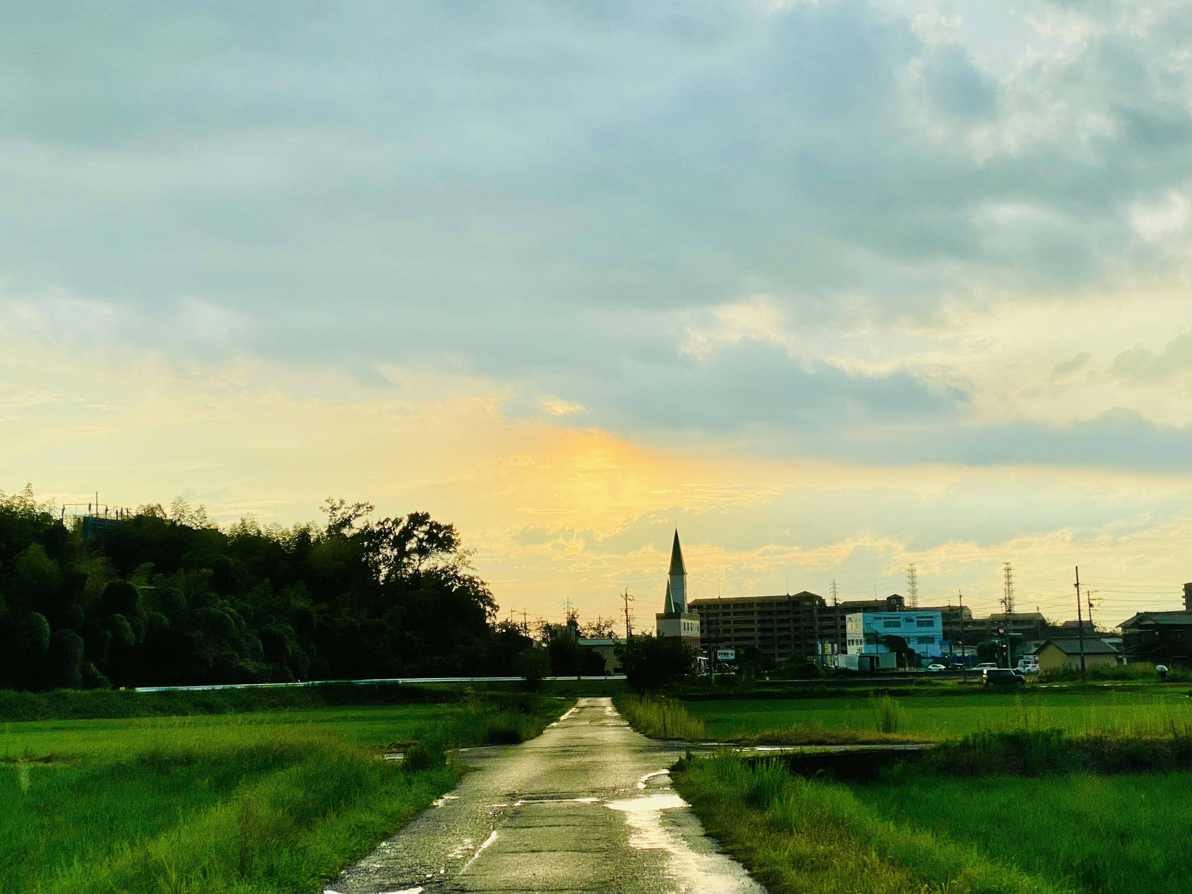 Rural road with green fields and a church spire in the background