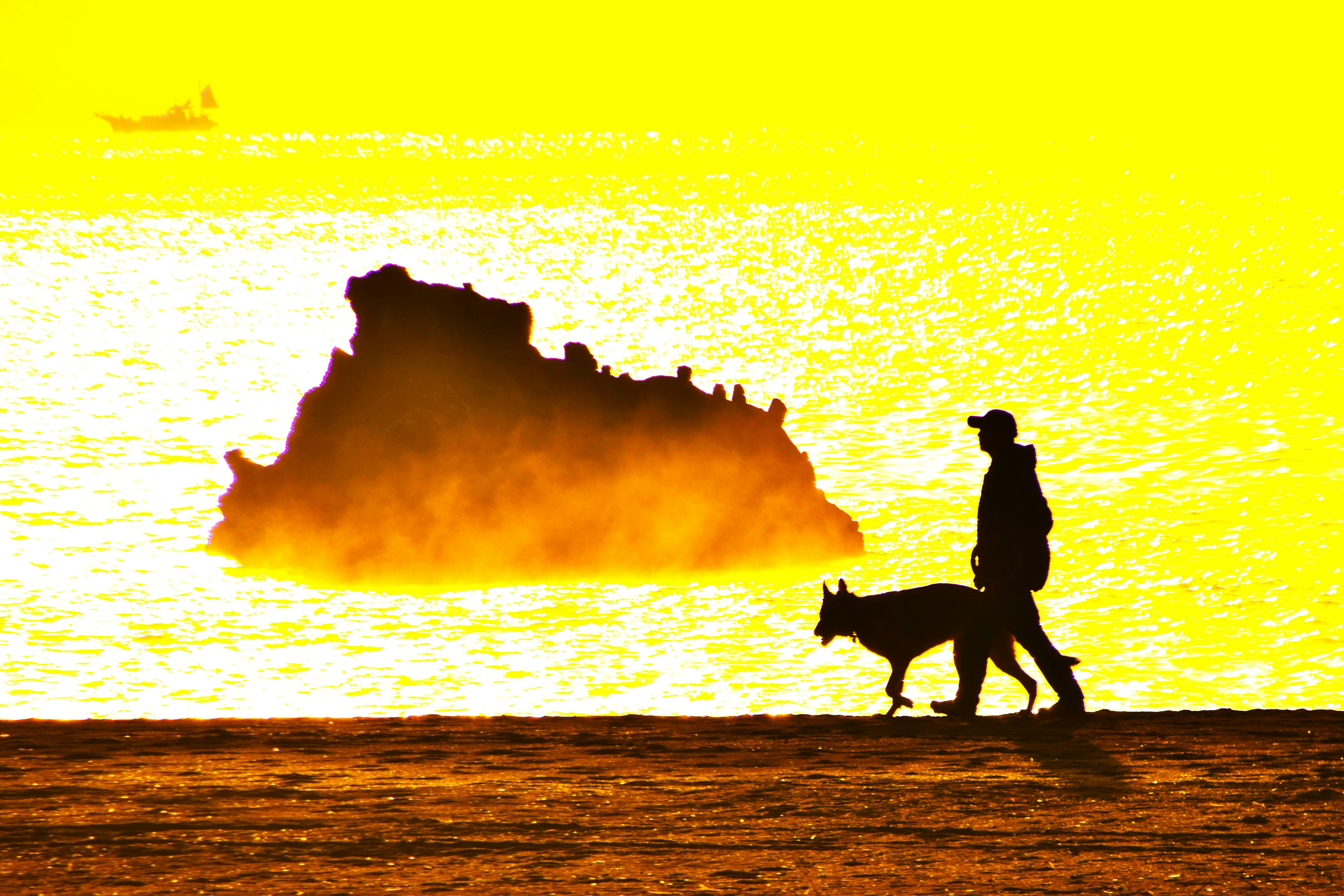 Silhouette of a person walking a dog against a sunset over the sea with a rock in the background