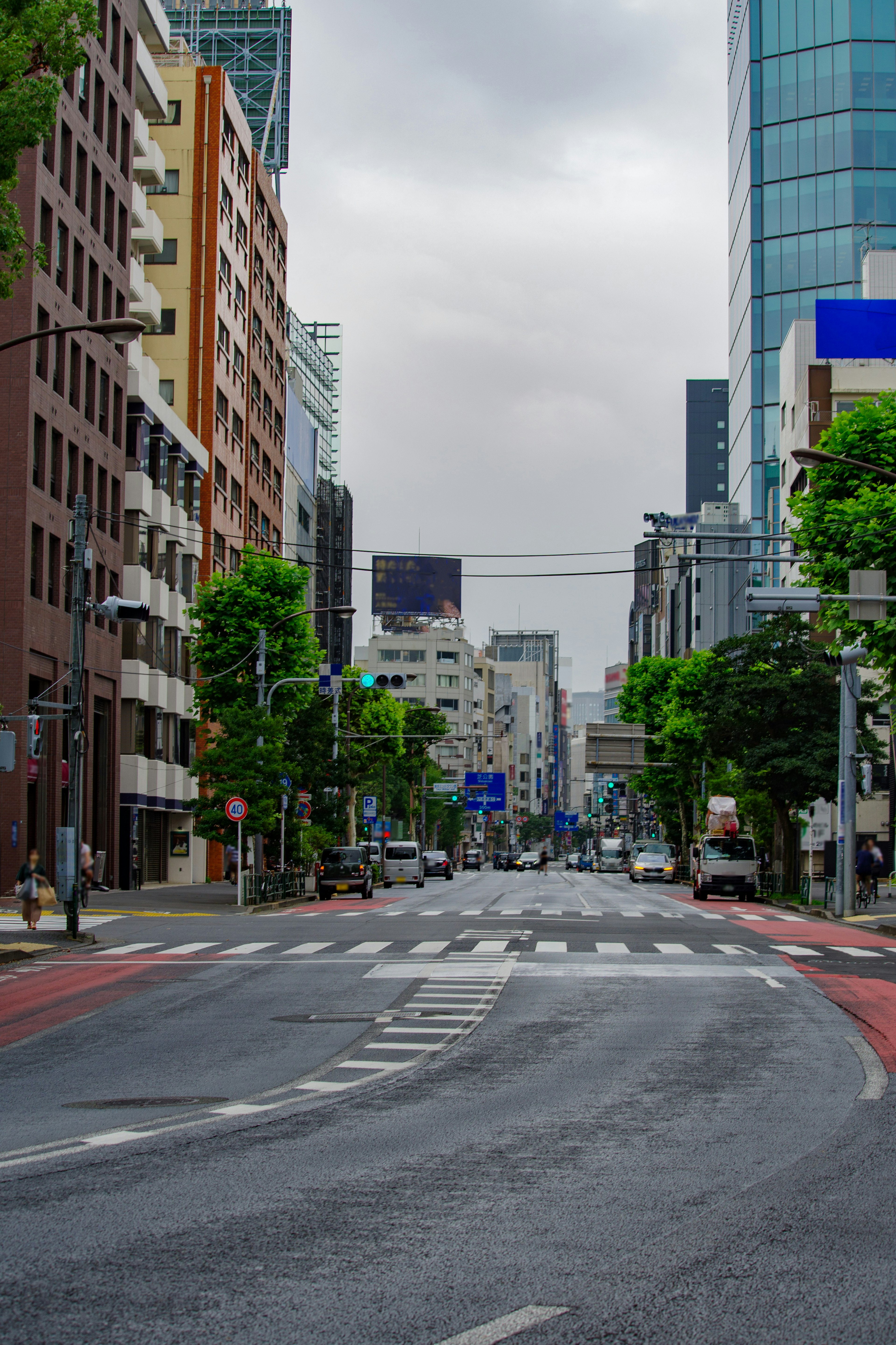 Quiet street in Tokyo lined with green trees and skyscrapers