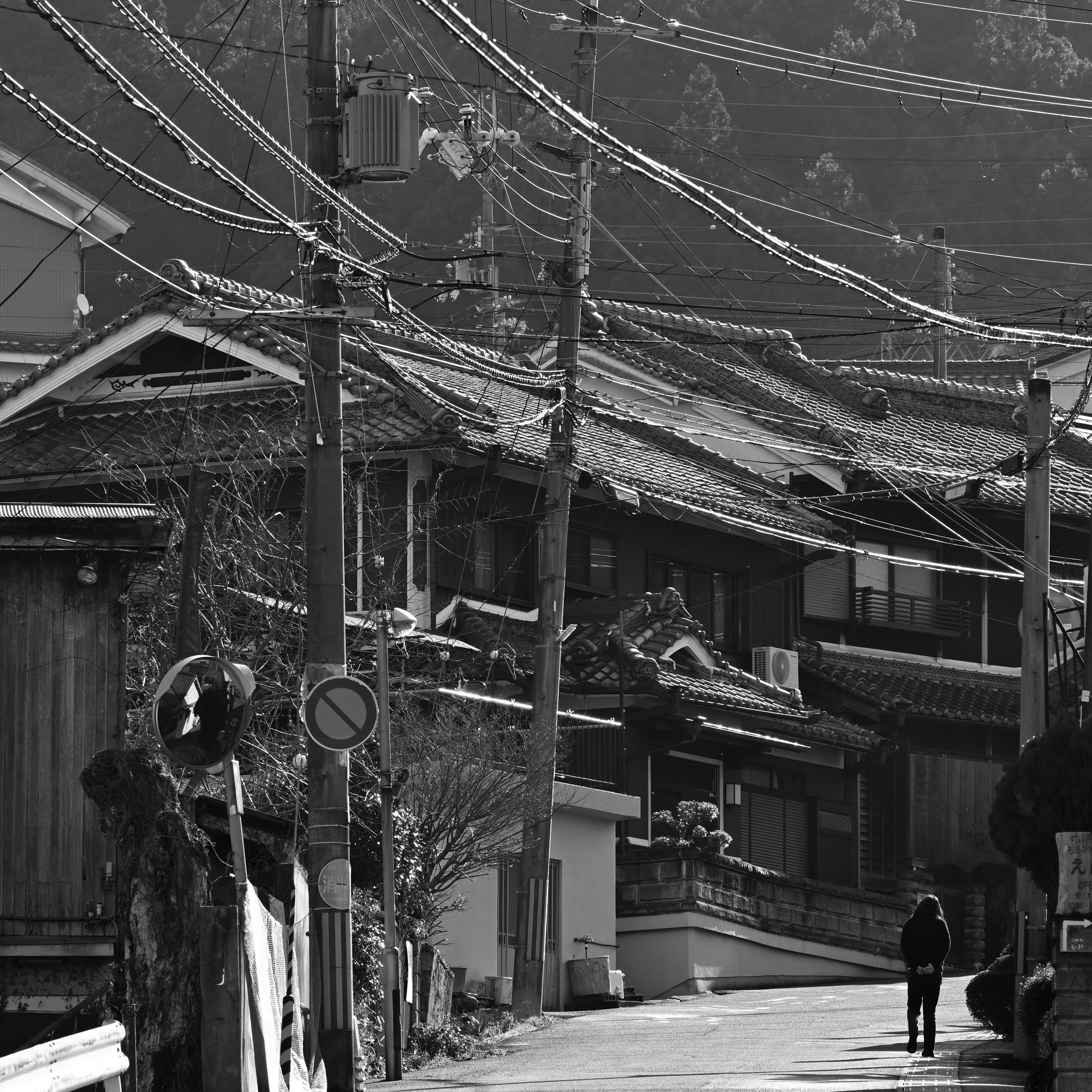 Escena tranquila de un pueblo japonés con casas antiguas y una persona caminando por una calle cruzada por líneas eléctricas