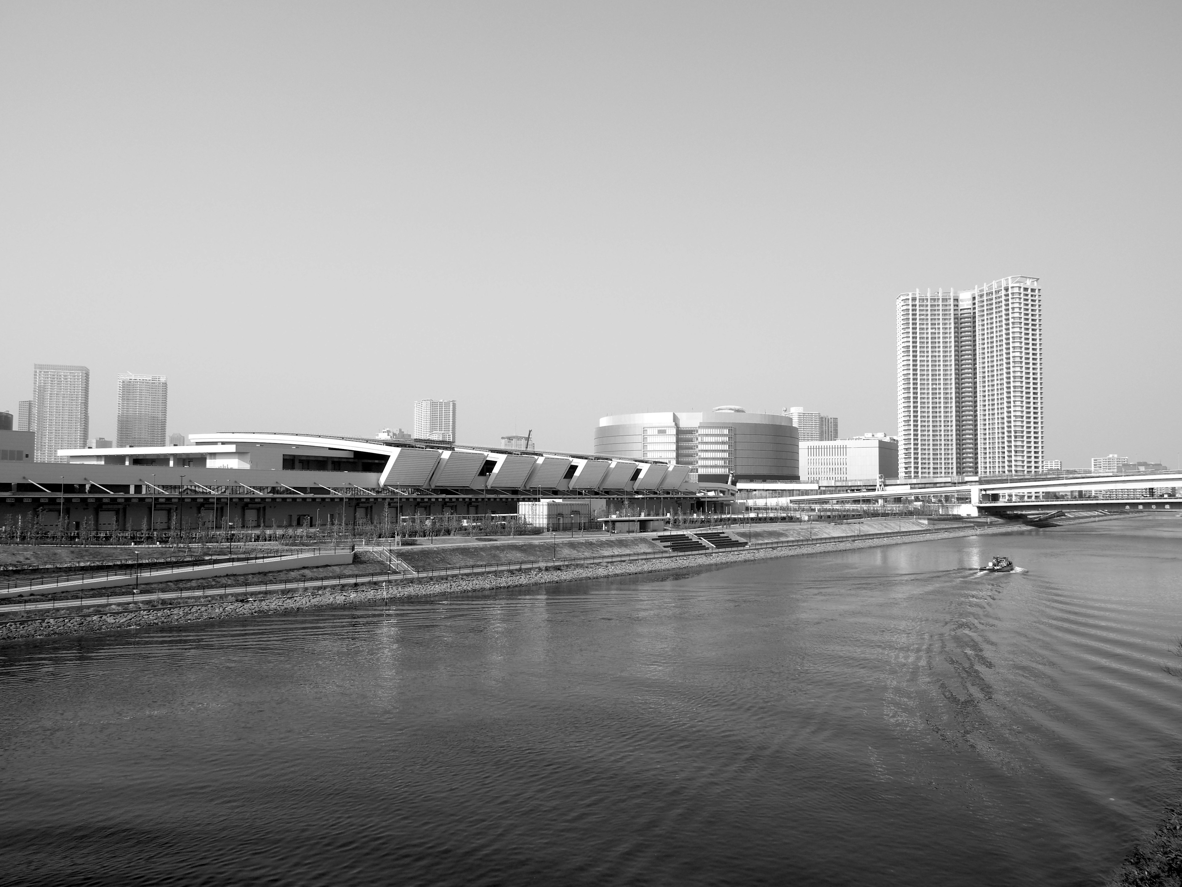 Black and white urban landscape featuring modern buildings along a river