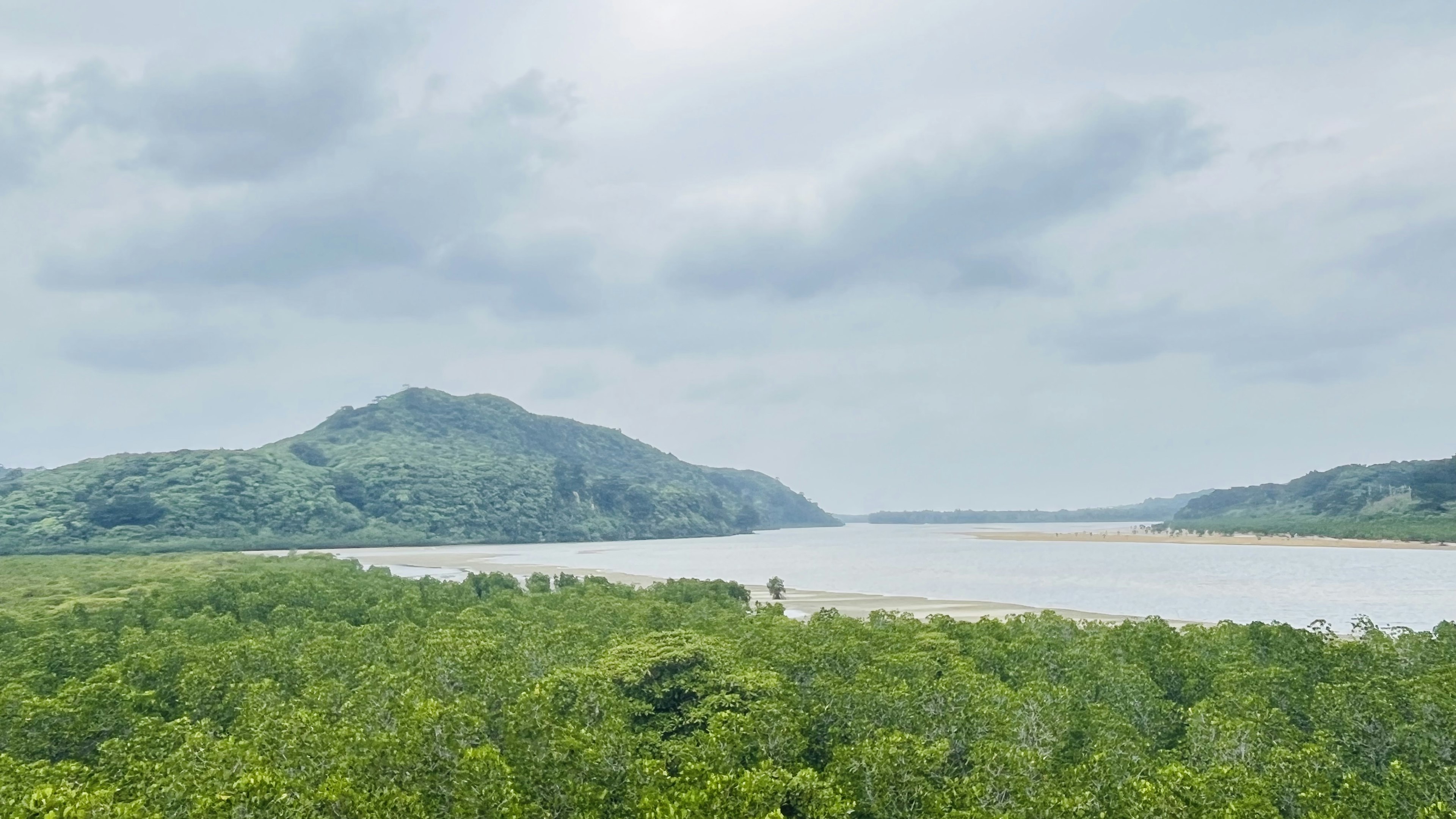 Pemandangan subur dengan pemandangan sungai yang tenang dan bukit bergelombang