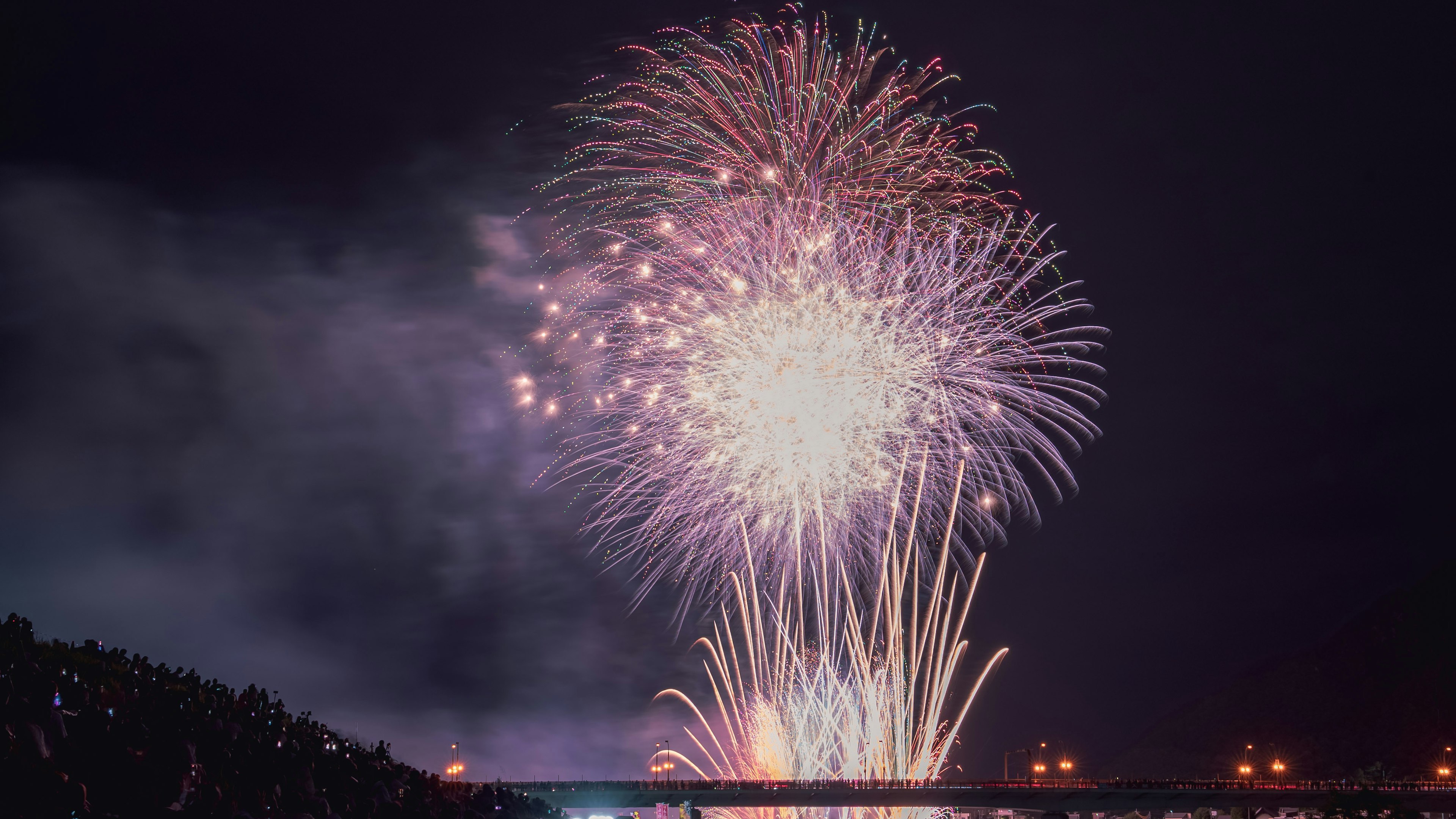 夜空に広がる色とりどりの花火が美しく咲いている