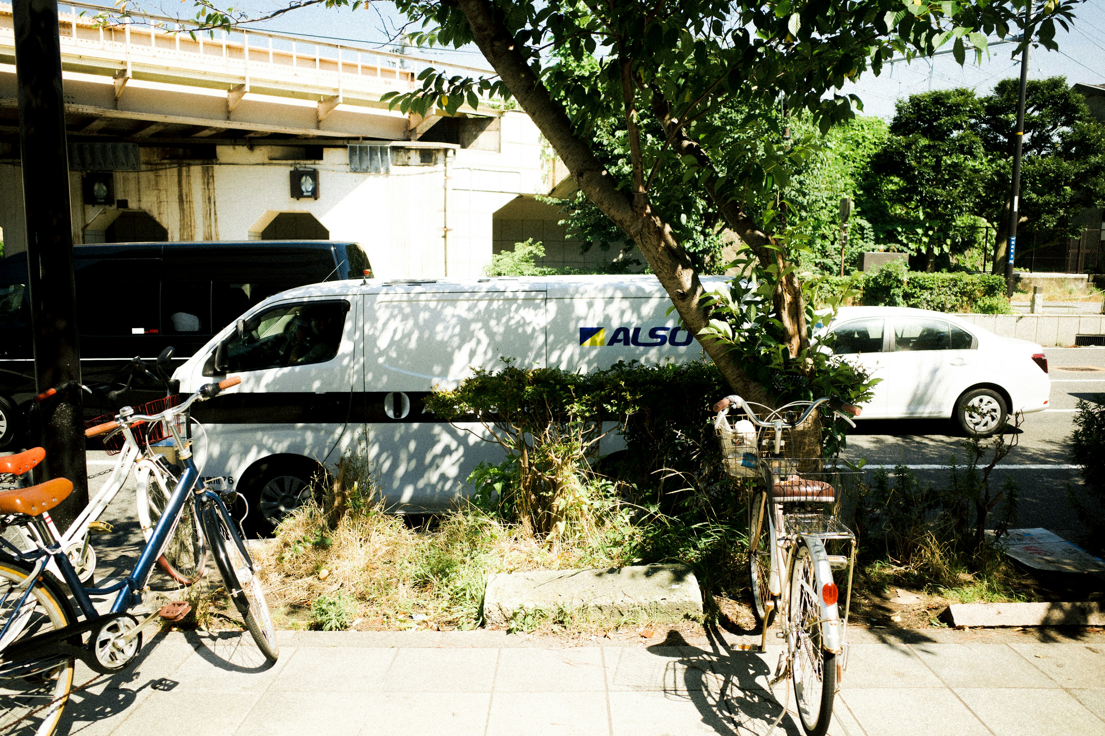 緑の木や自転車が並ぶ通りに停車している白いバン