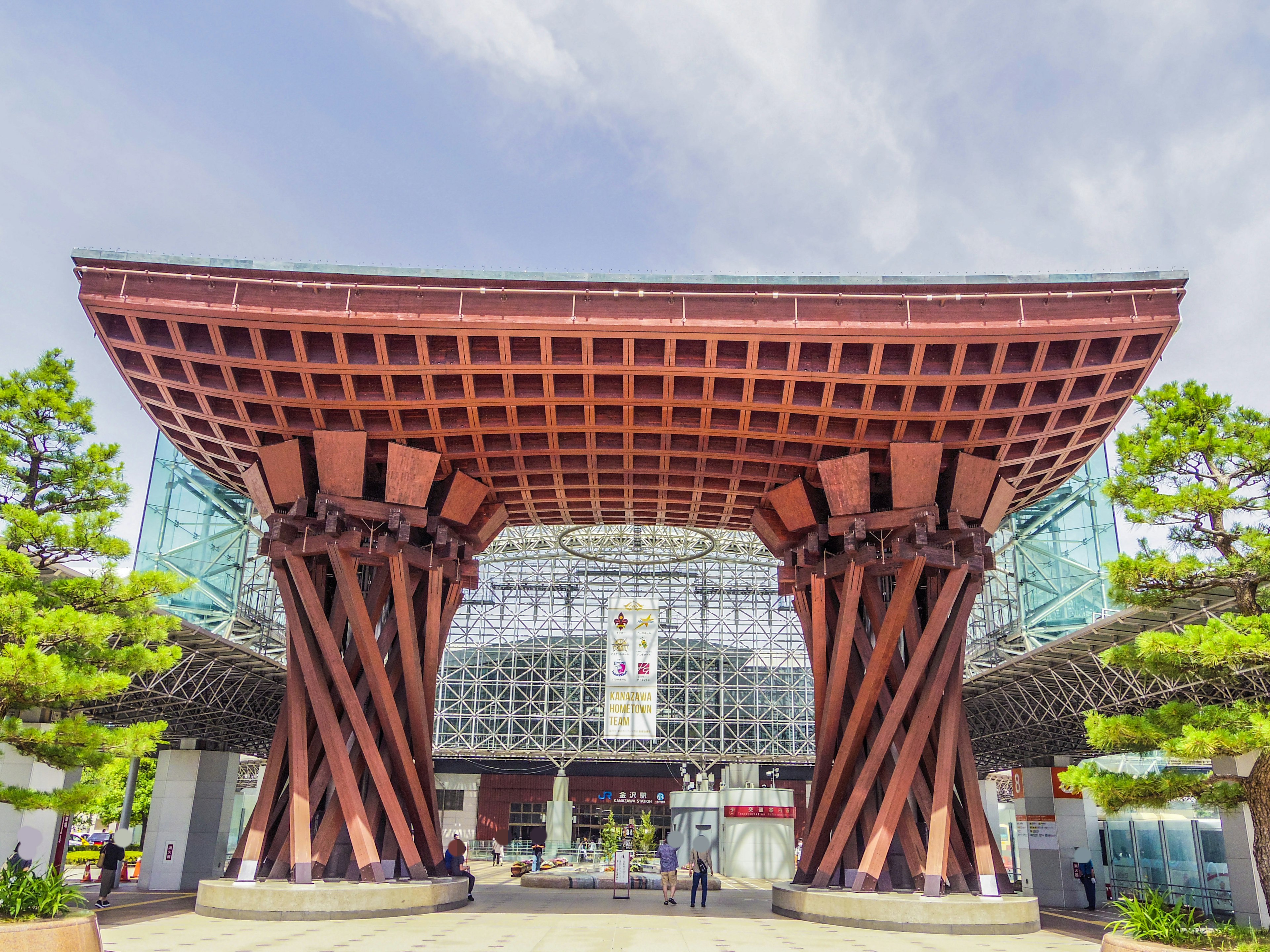 Kanazawa's unique wooden Tsuzumi Gate with glass facade