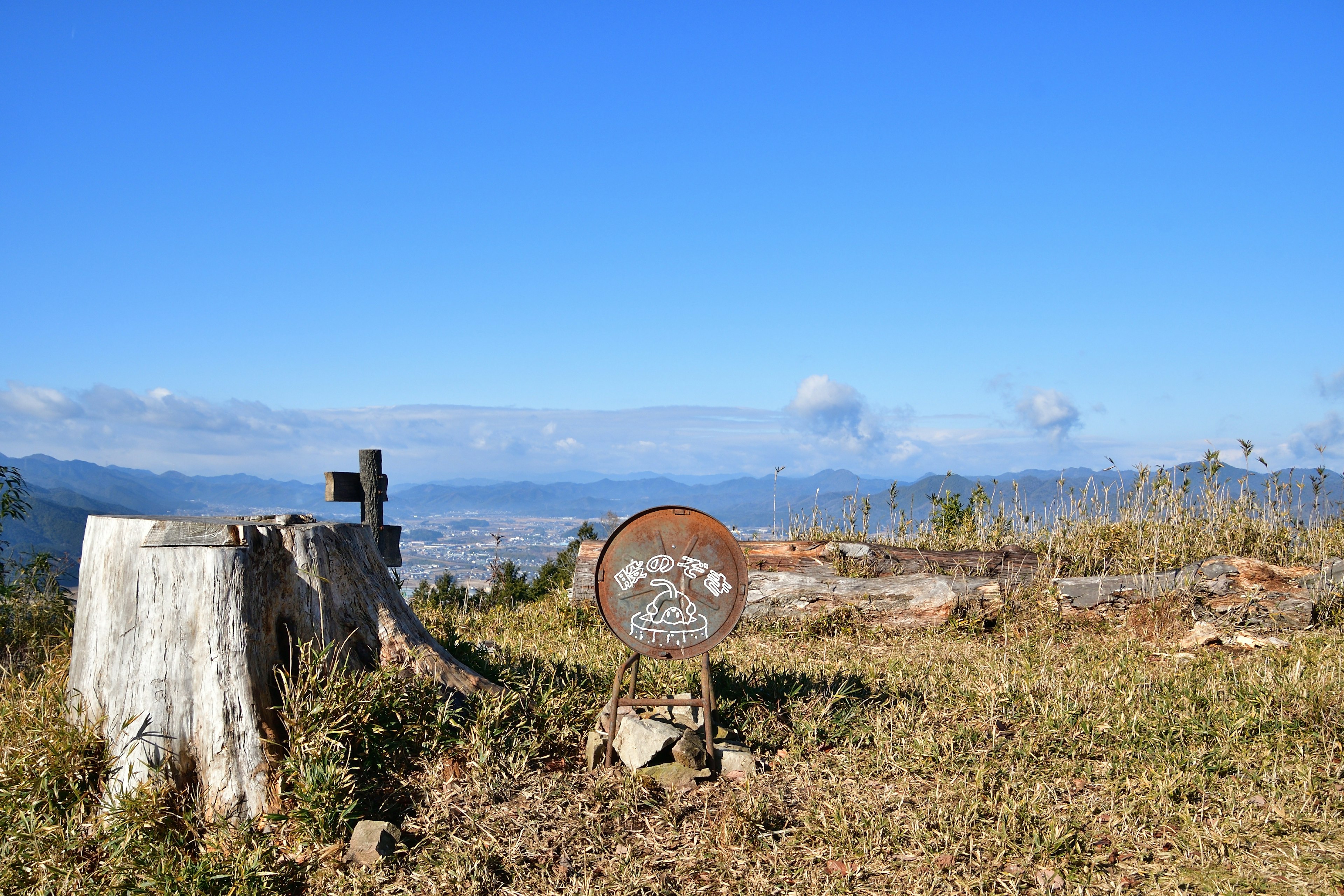 Landschaft mit einem Baumstumpf und einem Metallschild unter einem blauen Himmel