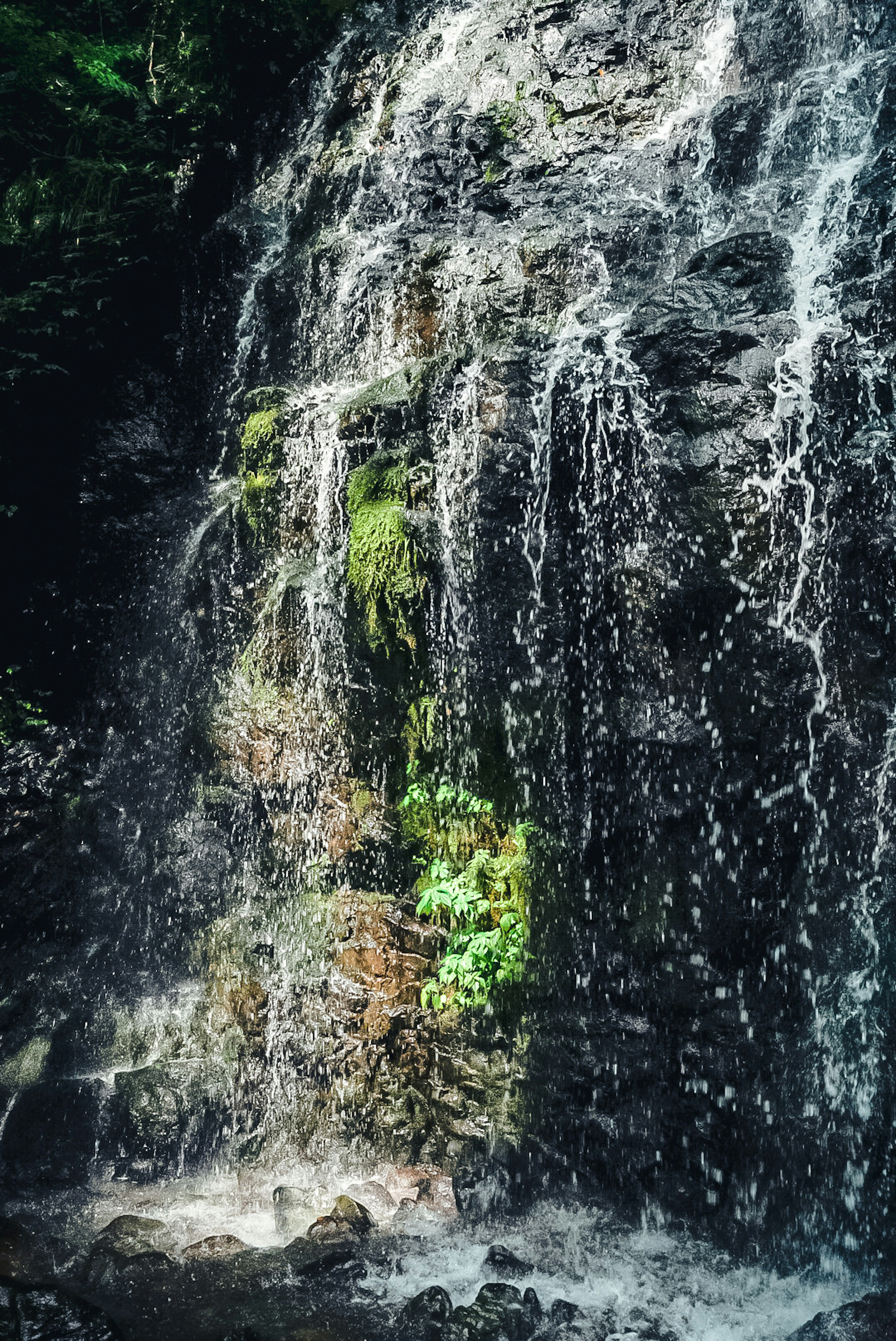 Waterfall cascading over rocky surface with lush greenery around