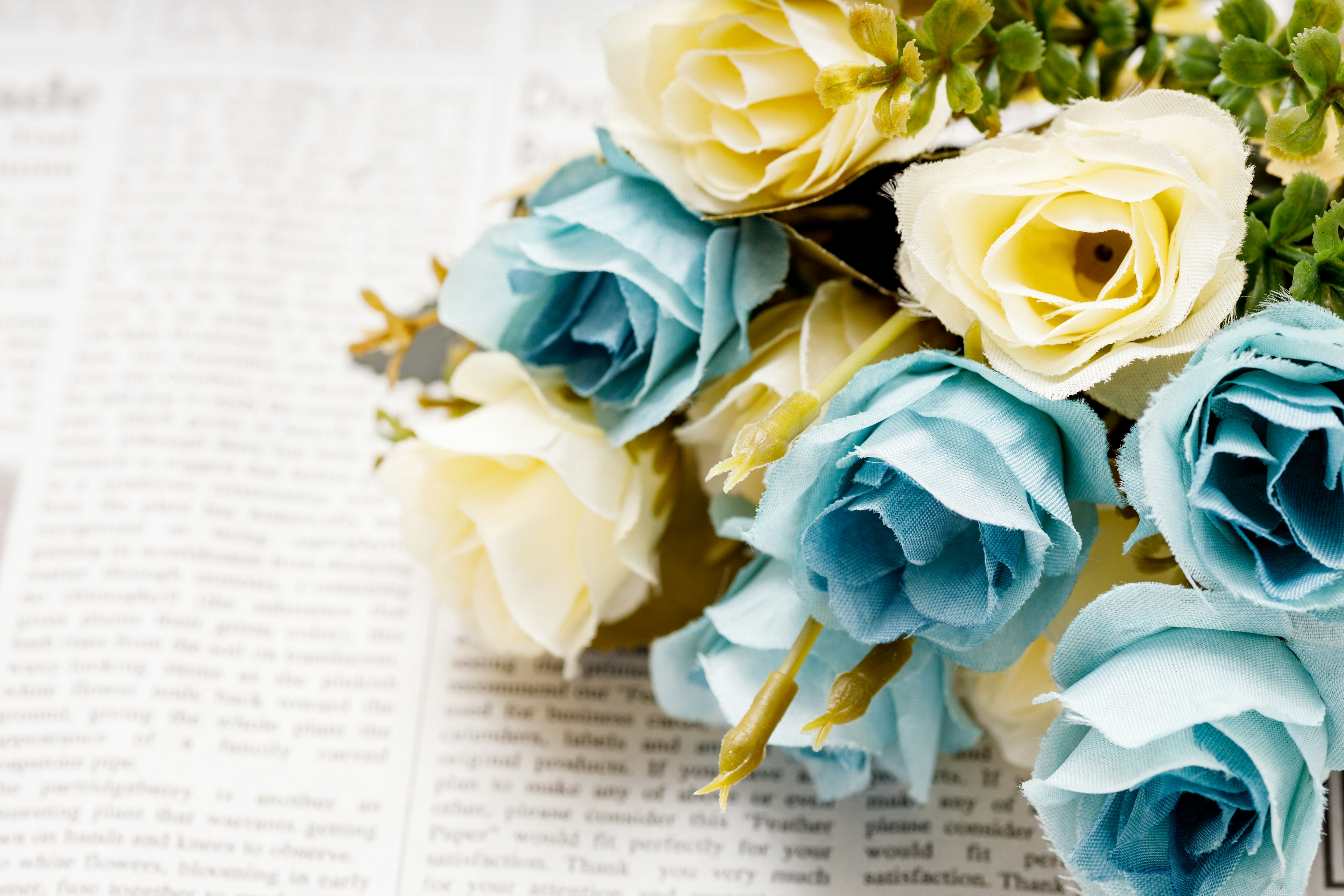 Un bouquet de roses bleues et blanches posé sur un journal