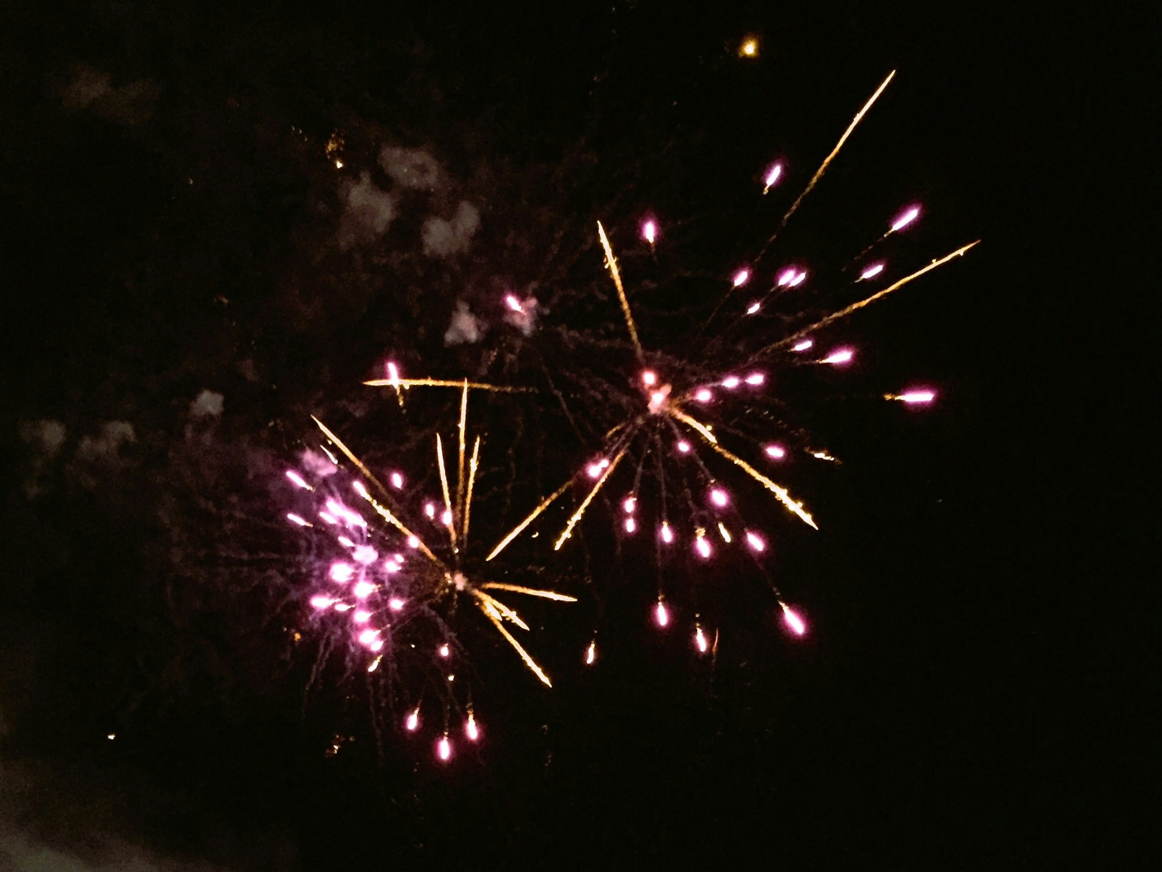 Fireworks bursting in the night sky featuring pink and gold colors