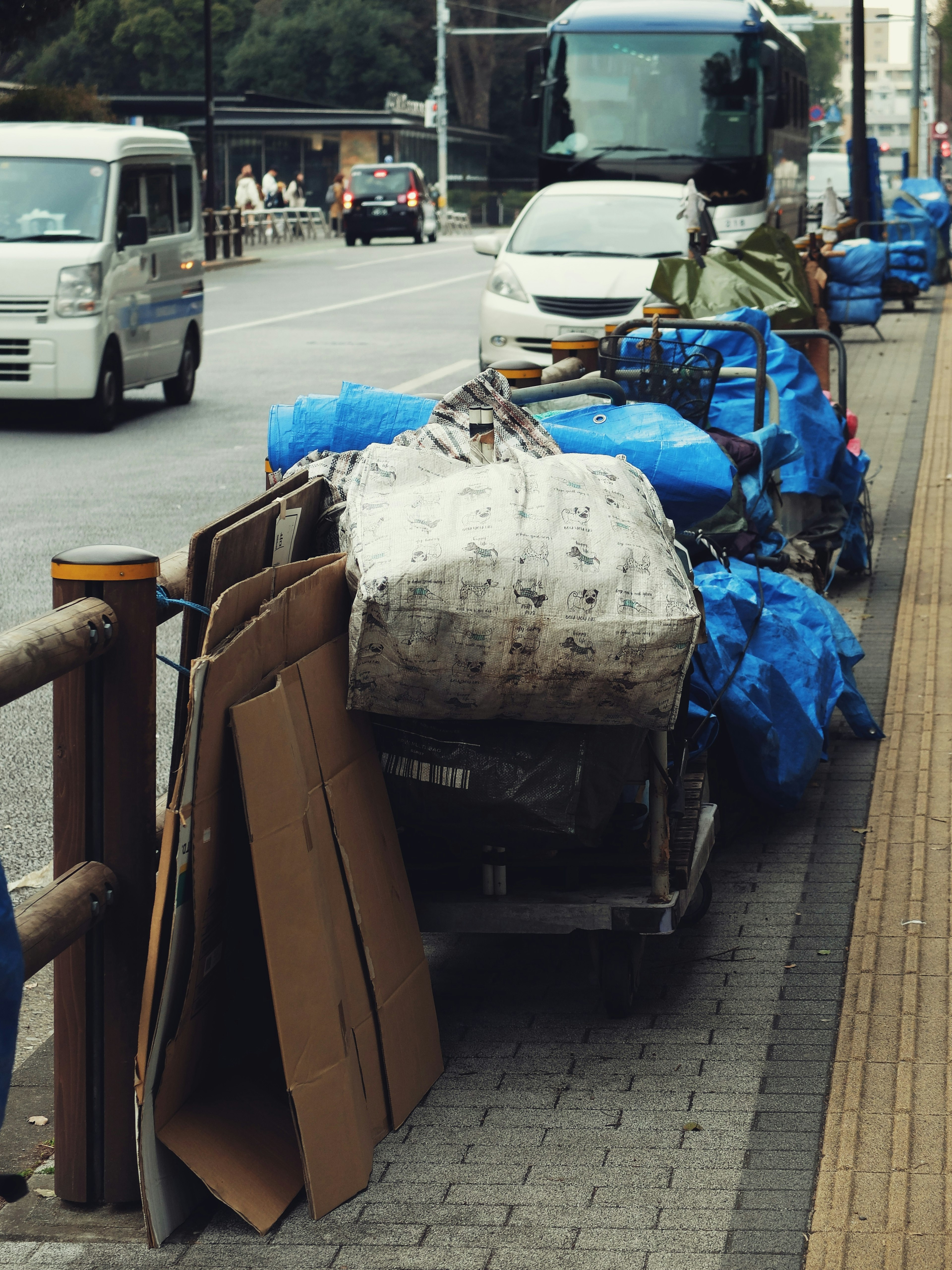 A pile of blue plastic bags and cardboard on the sidewalk