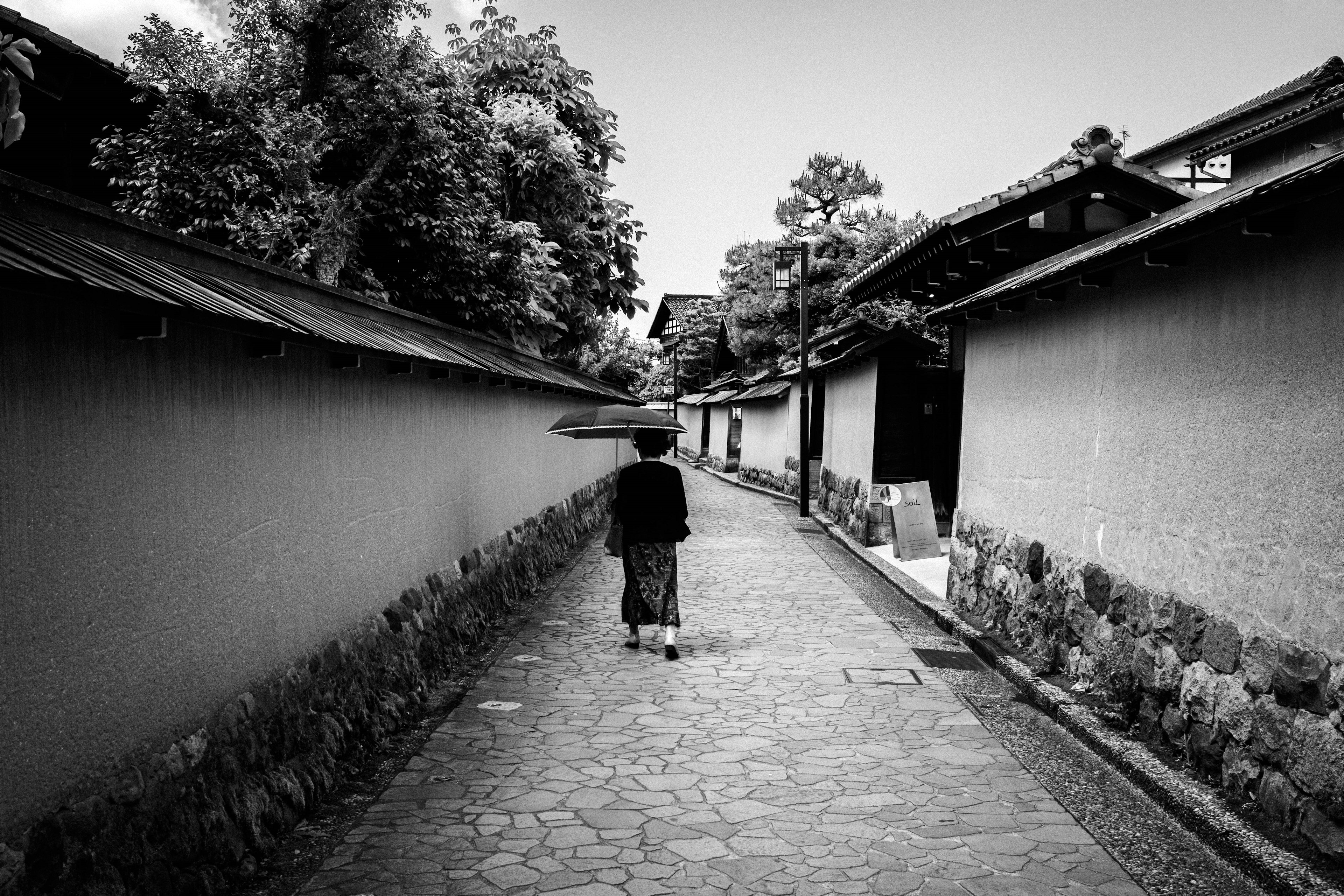 A person walking with an umbrella down a narrow black and white street