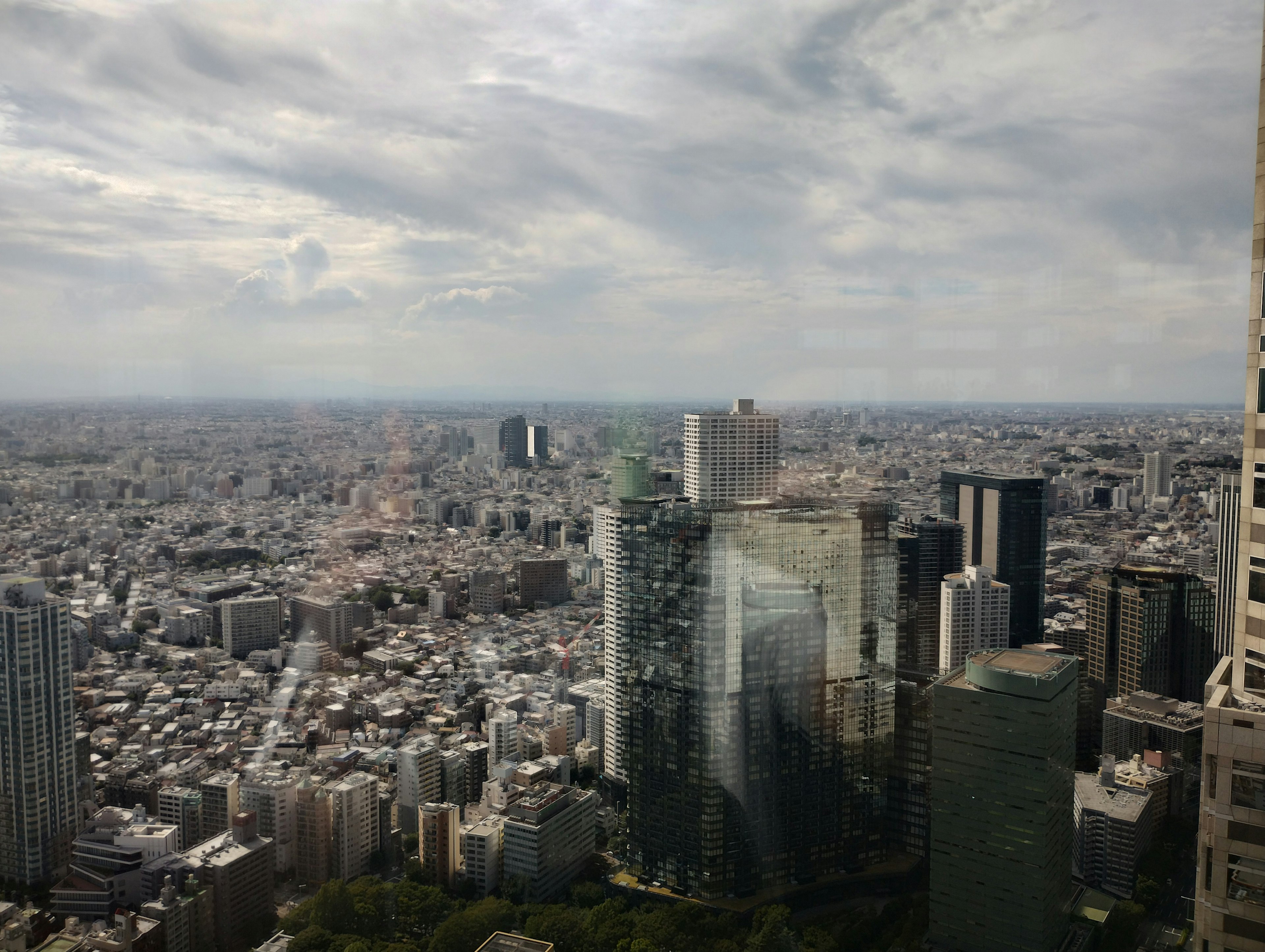 Blick auf die Stadtlandschaft von Tokio mit Wolkenkratzern und grauem Himmel