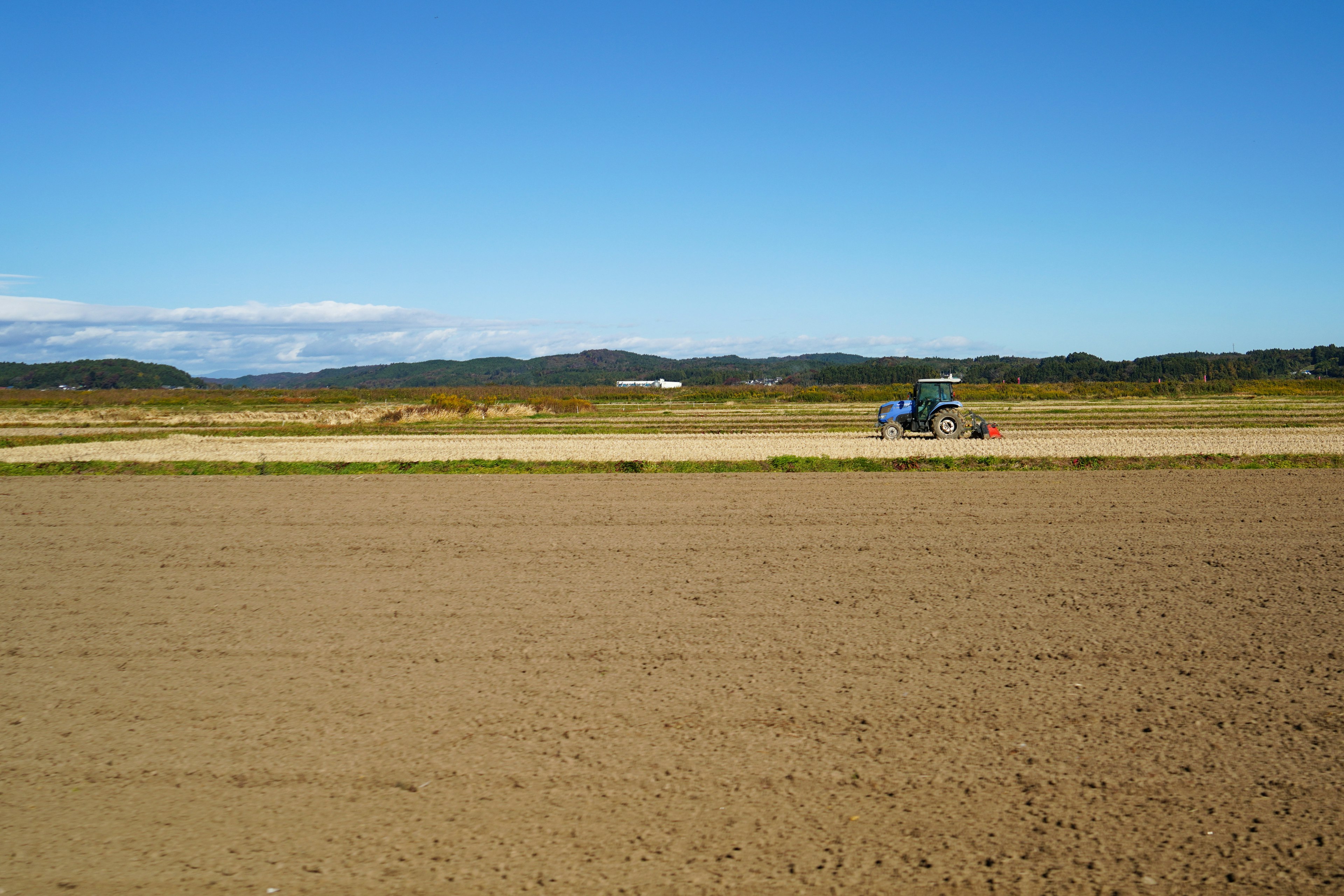 Trattore che ara un campo sotto un cielo blu chiaro