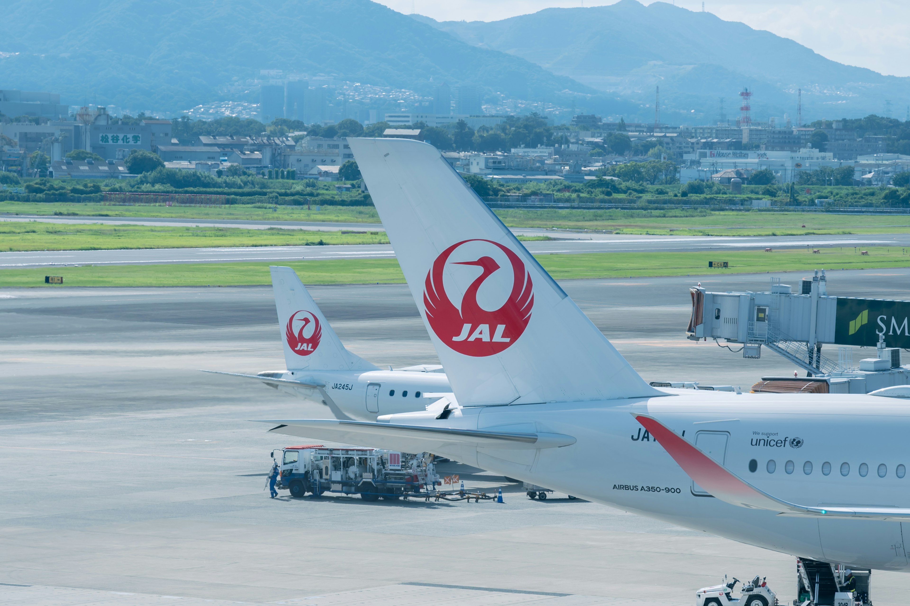 Heckflossen von Japan Airlines Flugzeugen am Flughafen