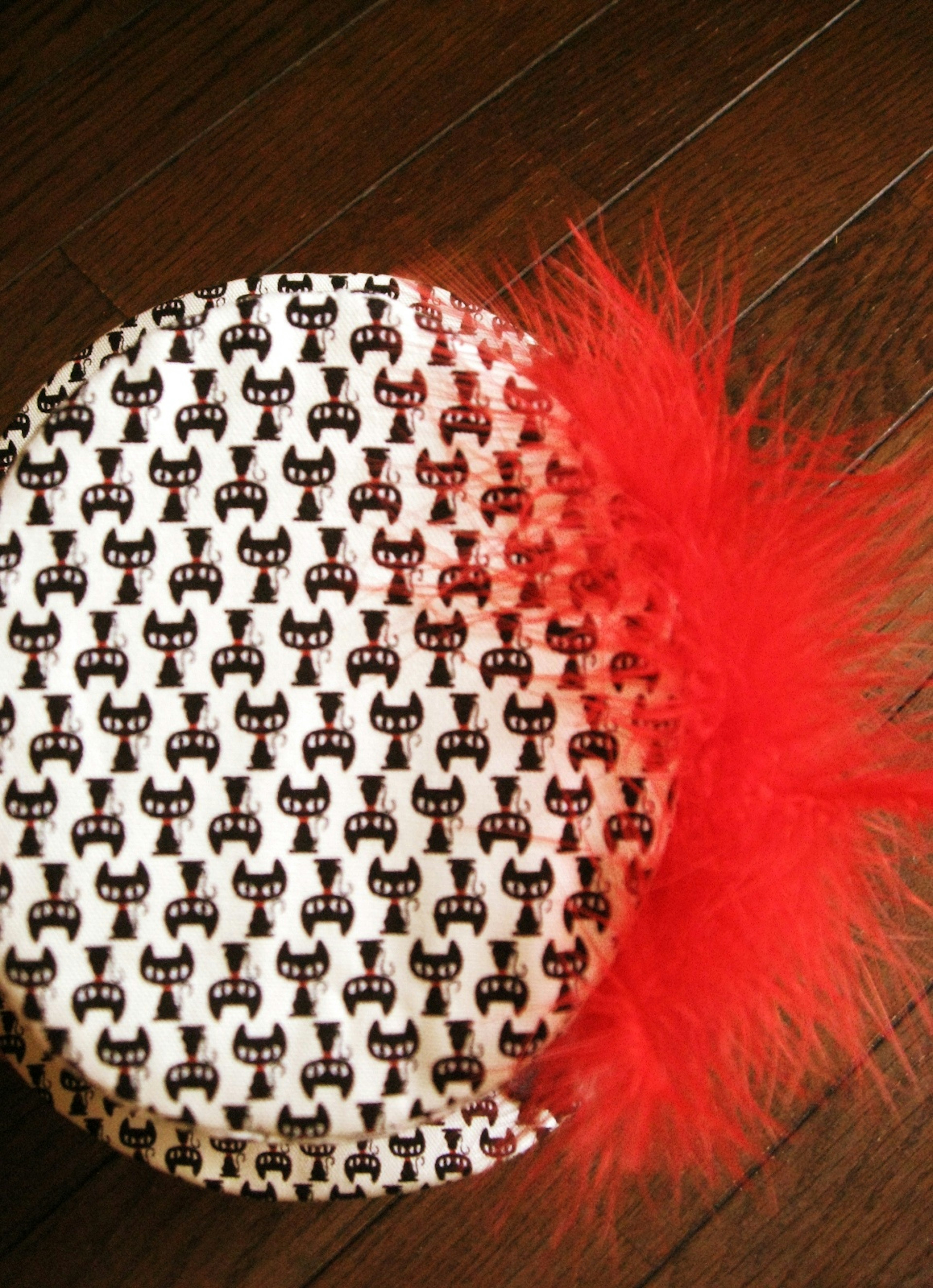 Hat featuring black and white pattern with red feathers