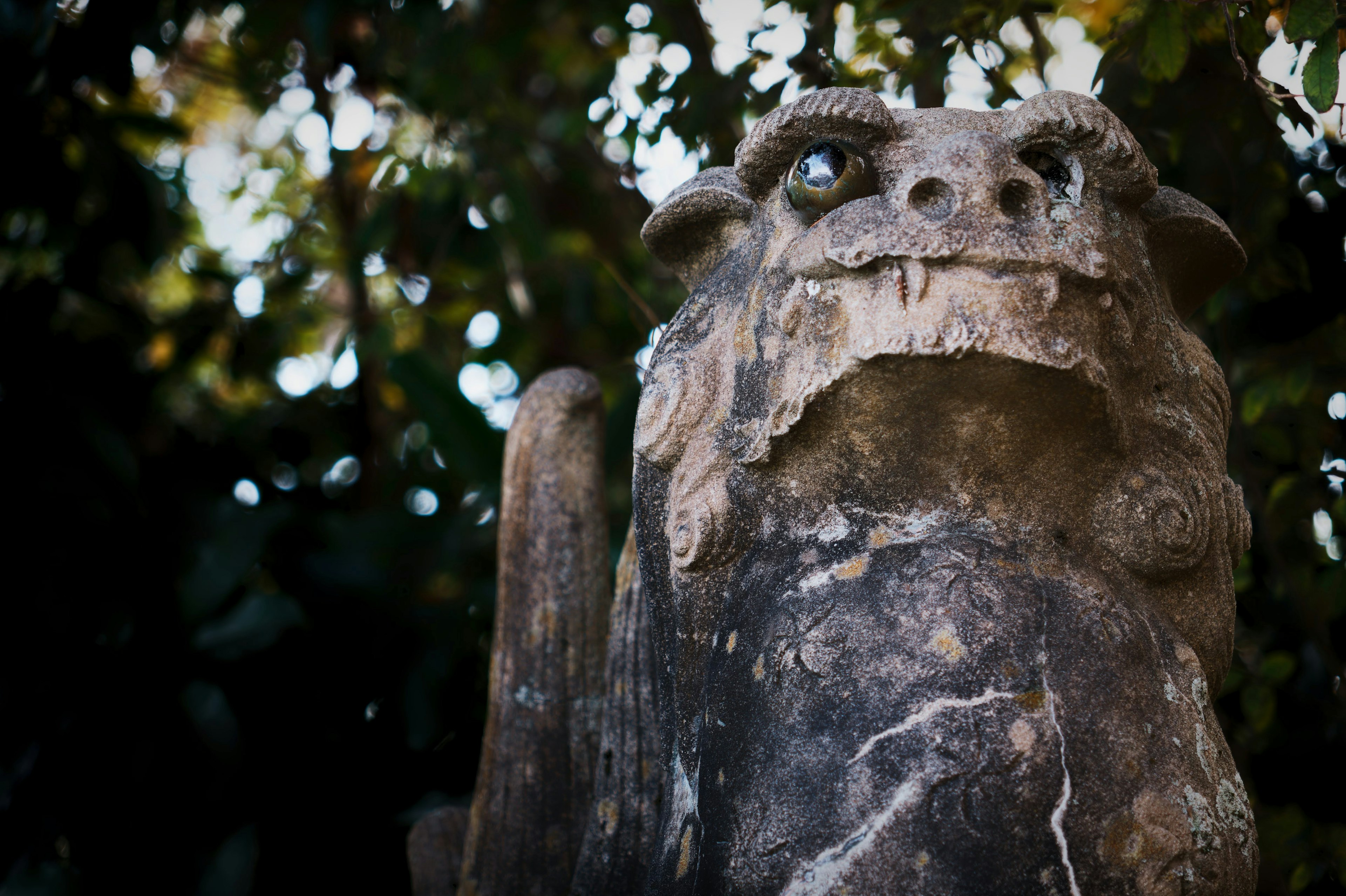 Estatua de león de piedra antigua con rasgos expresivos y tallas detalladas, rodeada de follaje verde