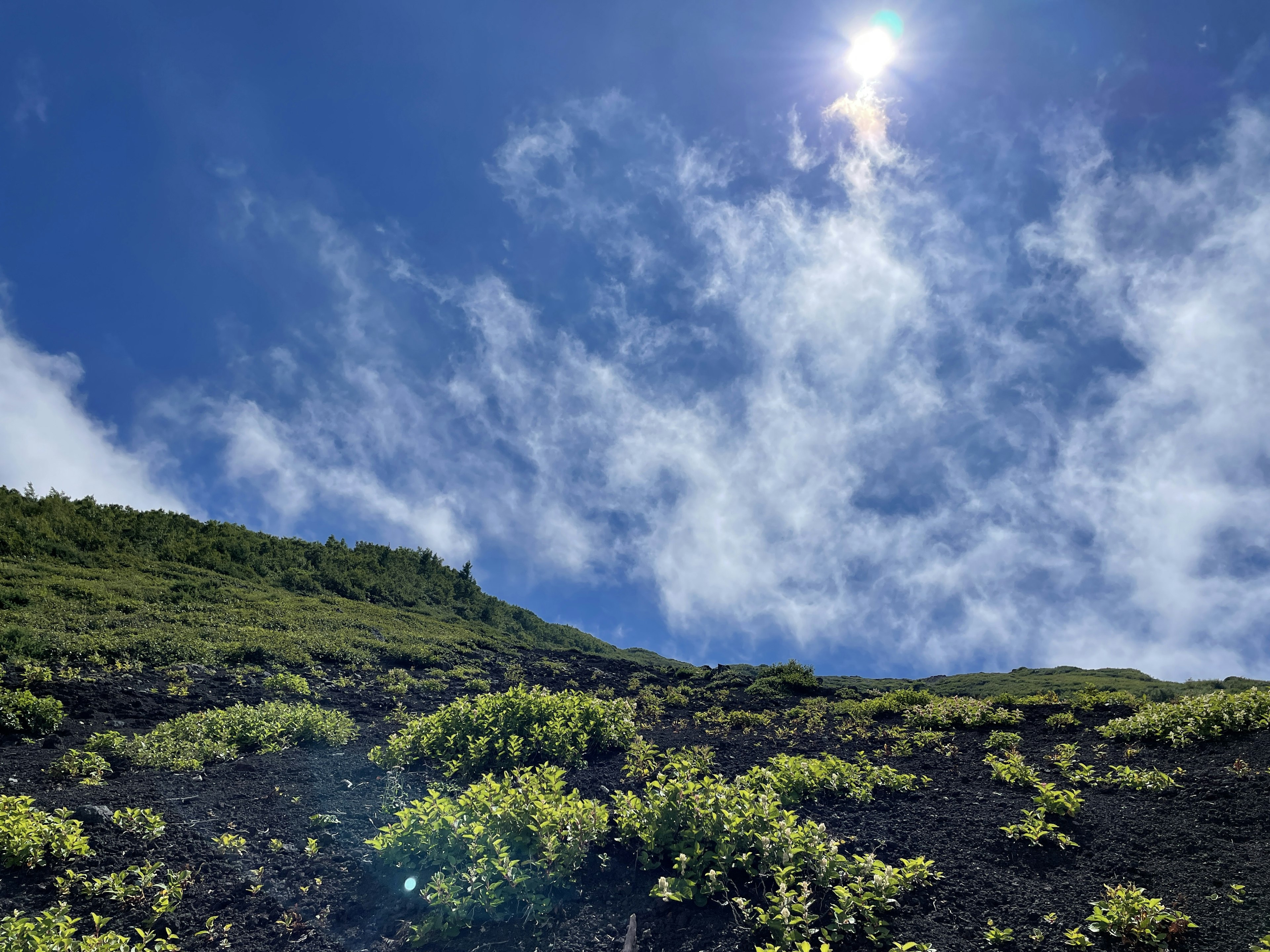 Vegetazione verde su un pendio vulcanico sotto un cielo blu con nuvole bianche