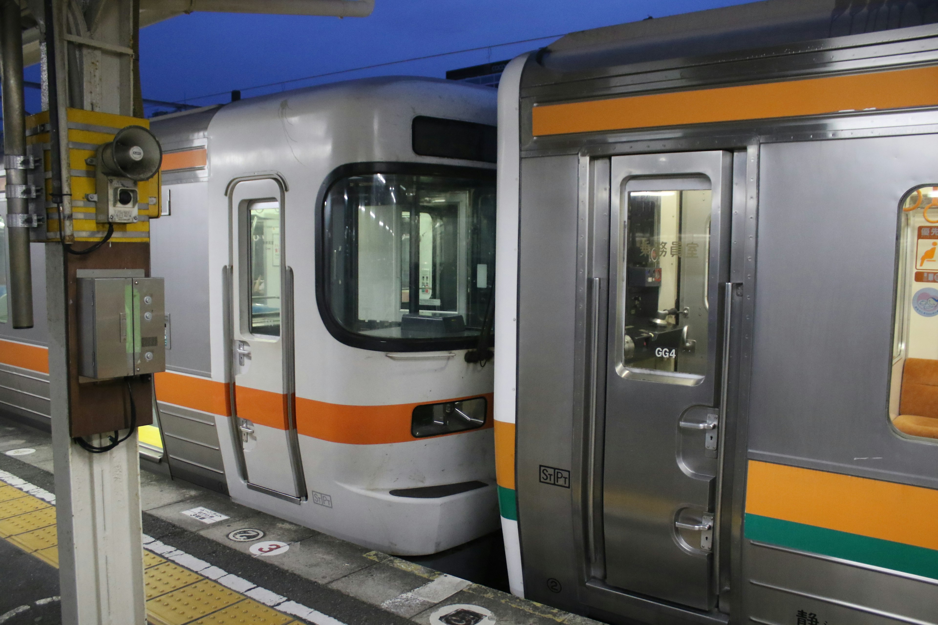 駅のプラットフォームに停車中の電車の側面