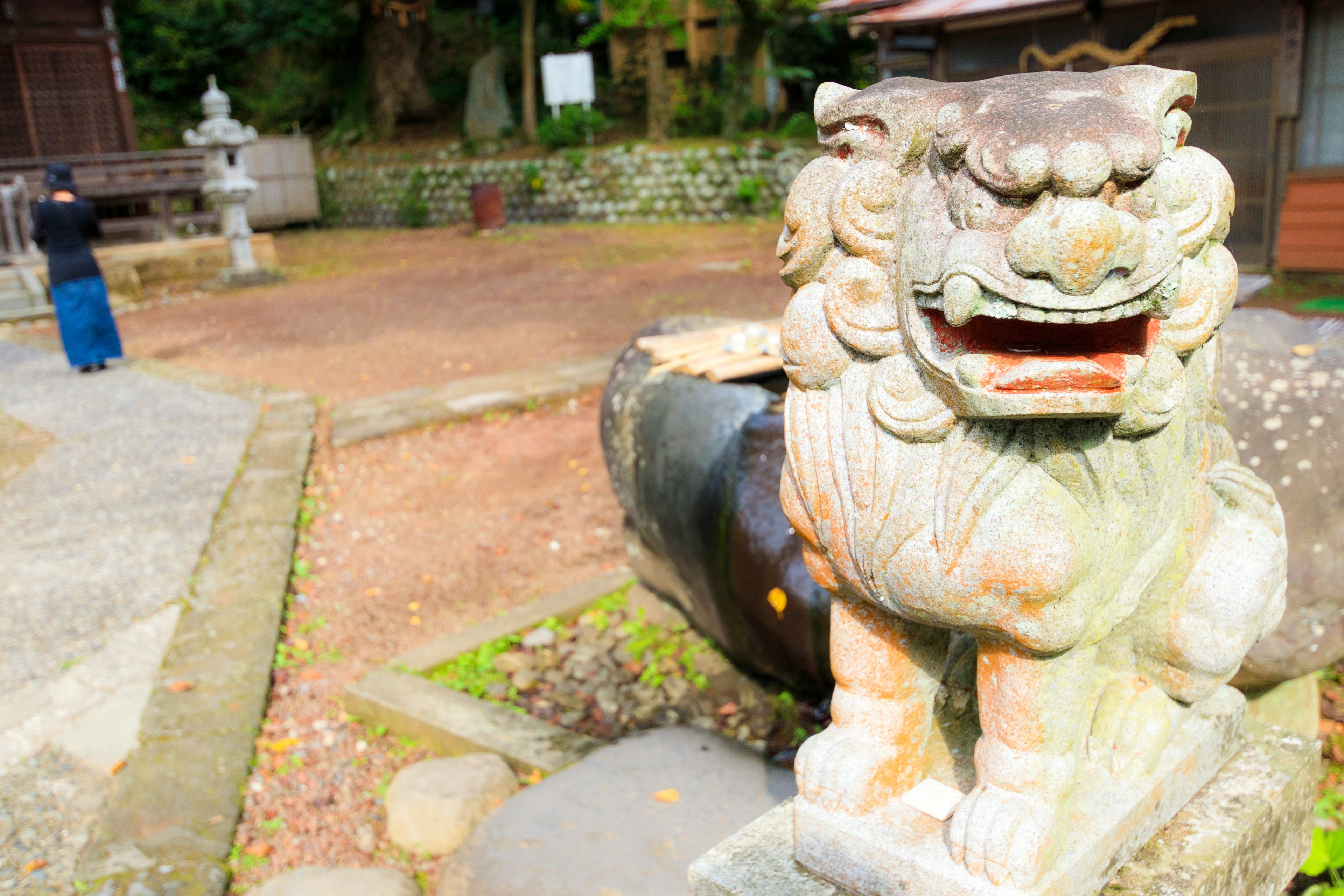 Stone guardian lion in a shrine courtyard