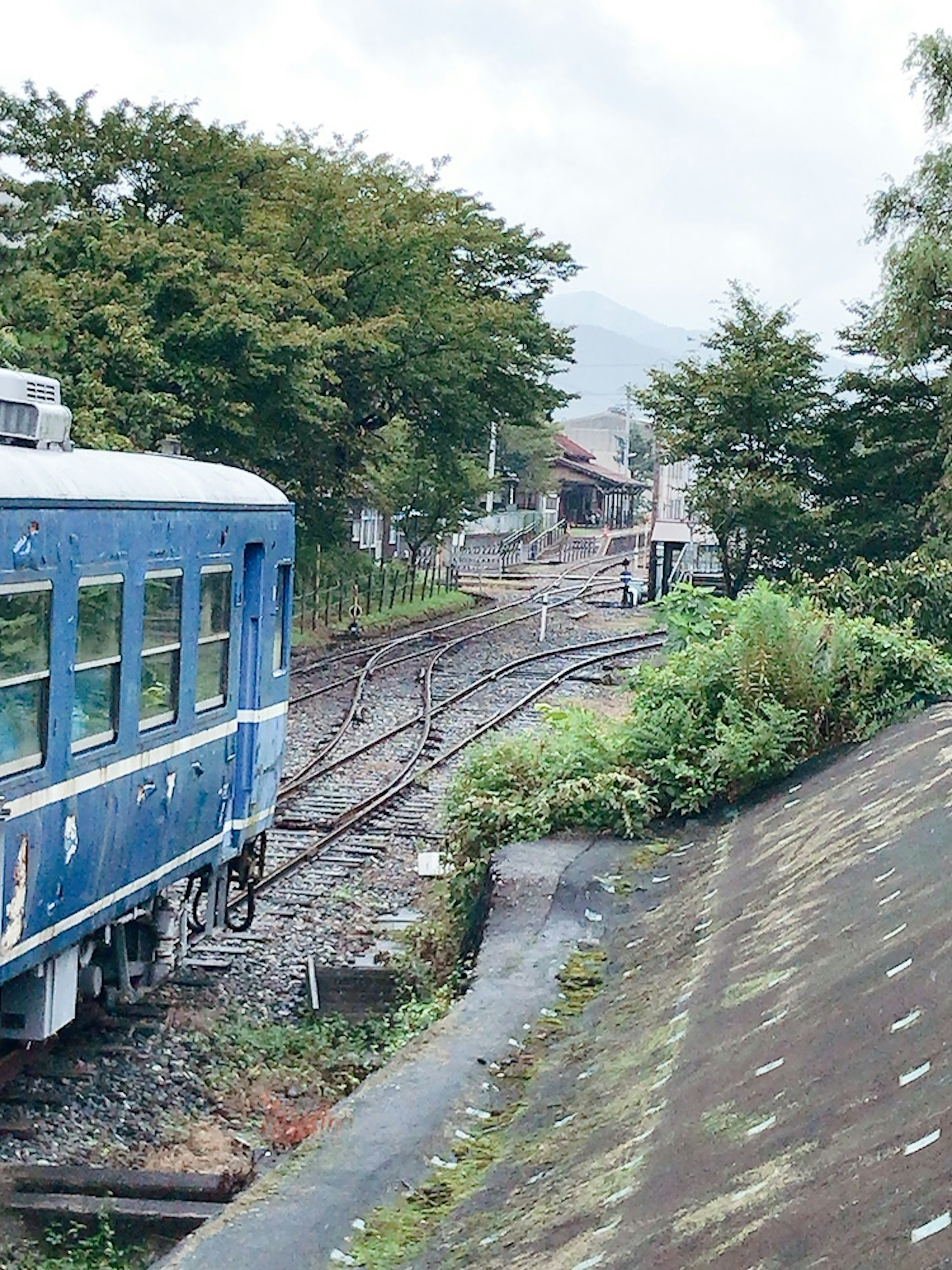 Sebuah kereta biru diparkir di rel dengan pohon hijau dan stasiun terlihat