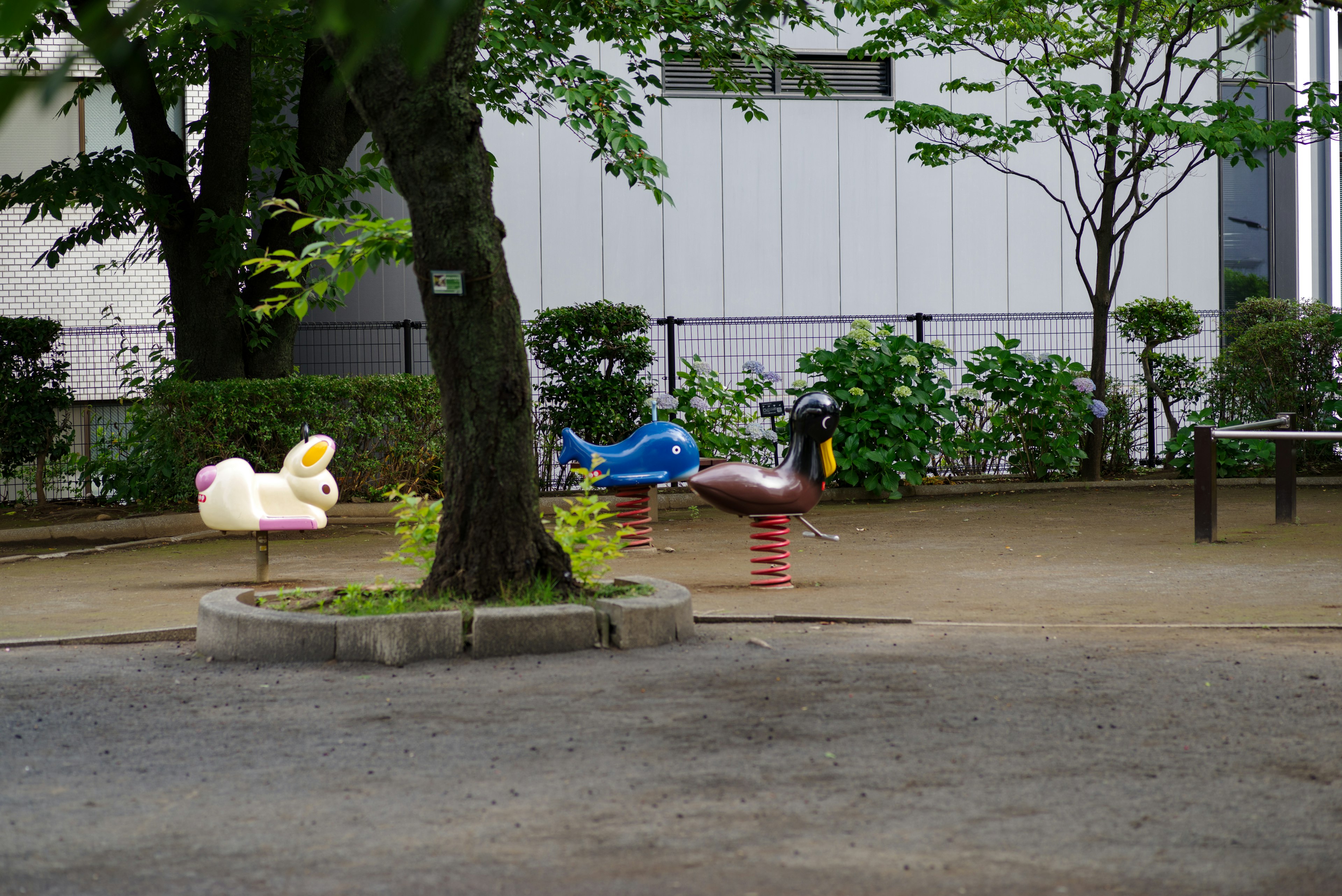 公園の遊具としてのカラフルなアヒルと白いカモの乗り物が並ぶ風景