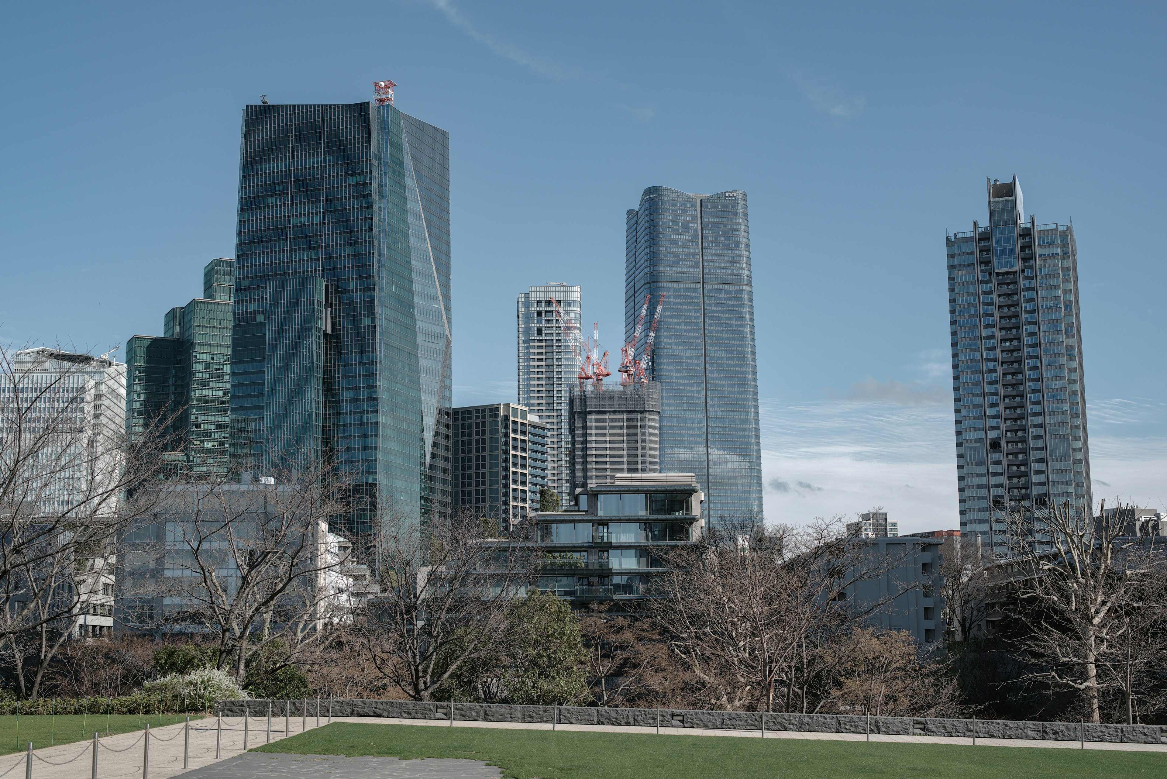 City skyline with tall buildings under a clear blue sky featuring trees