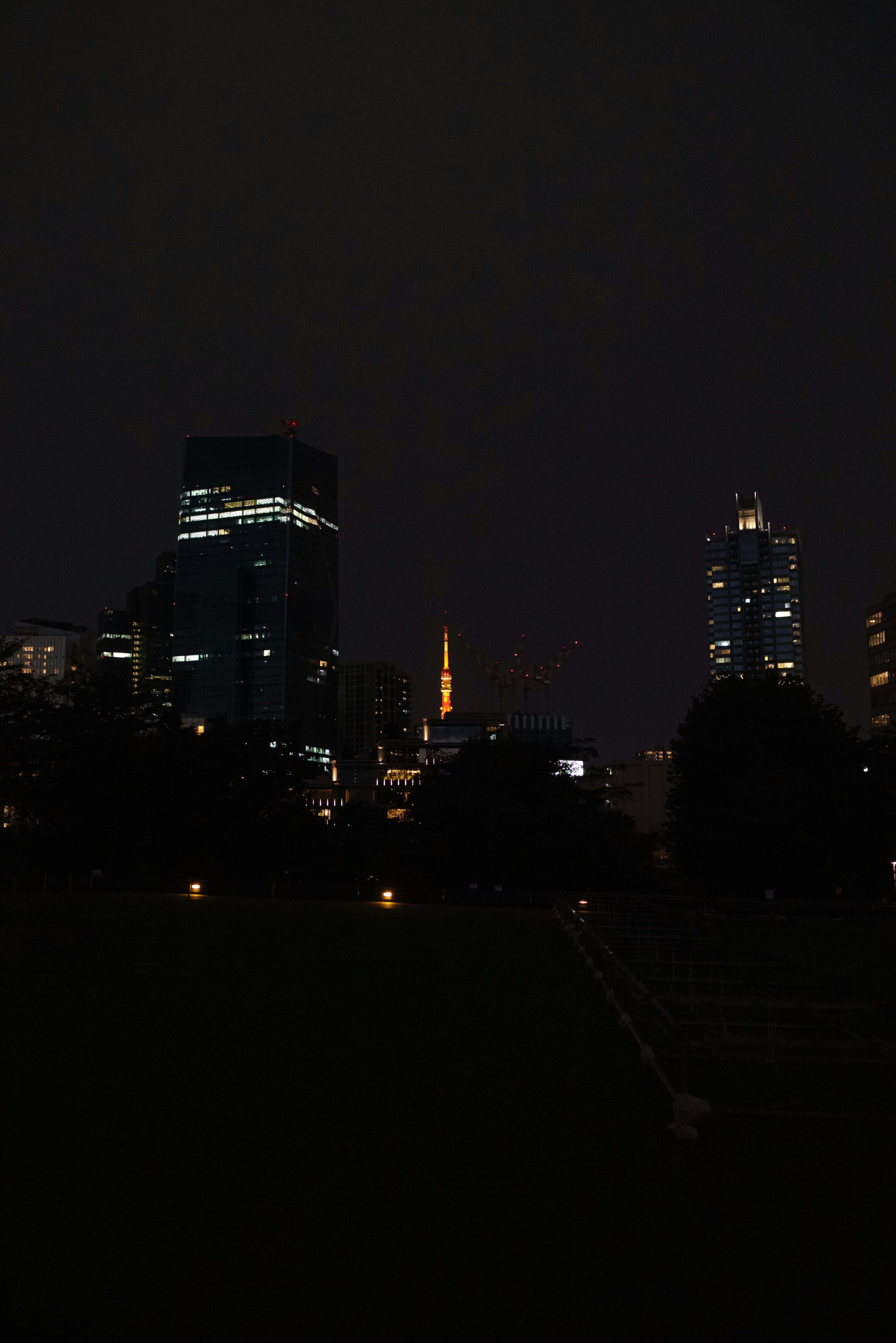 夜の都市景観にそびえる高層ビルと東京タワーの明かり