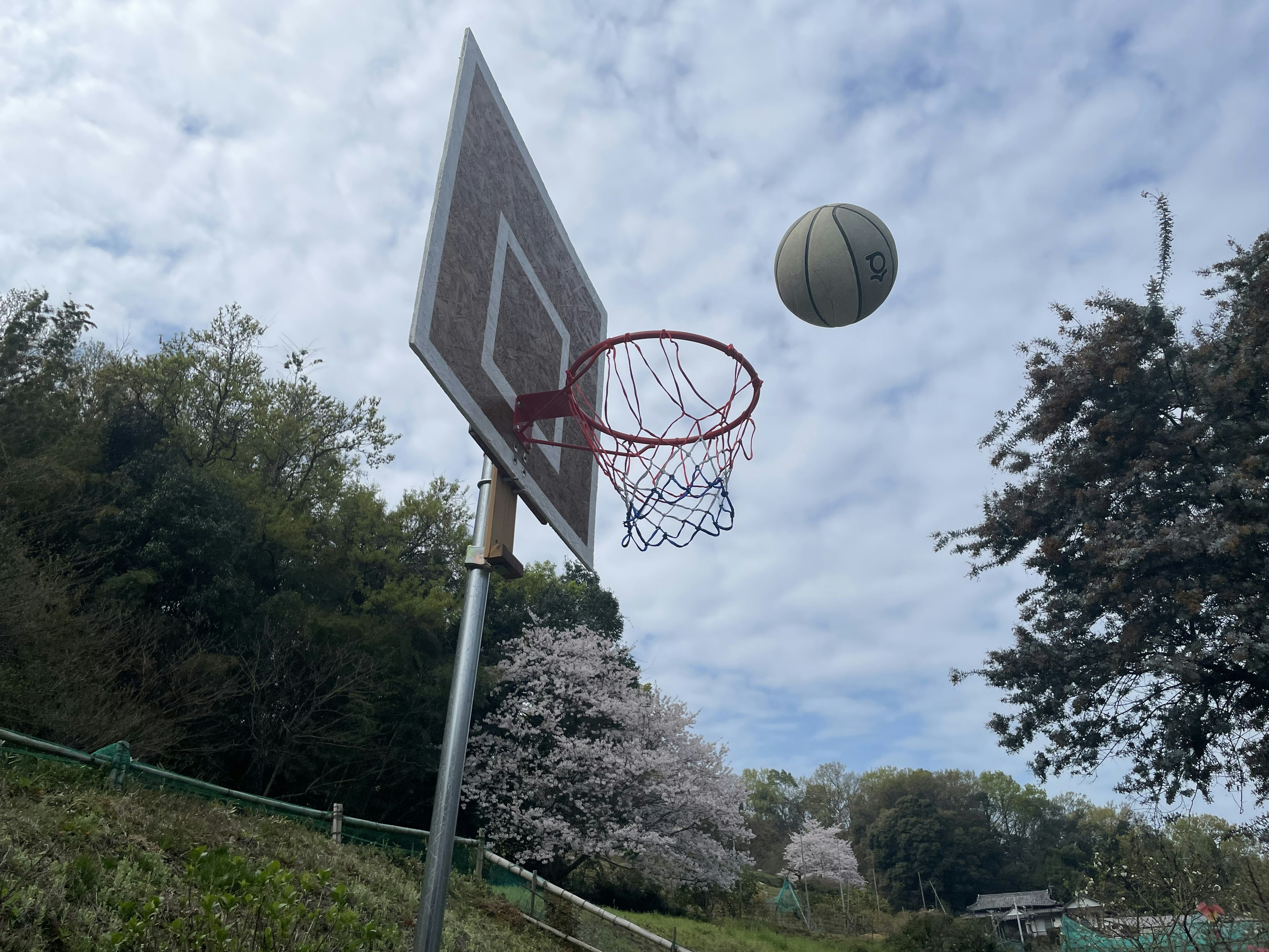 一個籃球接近籃框，背景是陰雲密布的天空