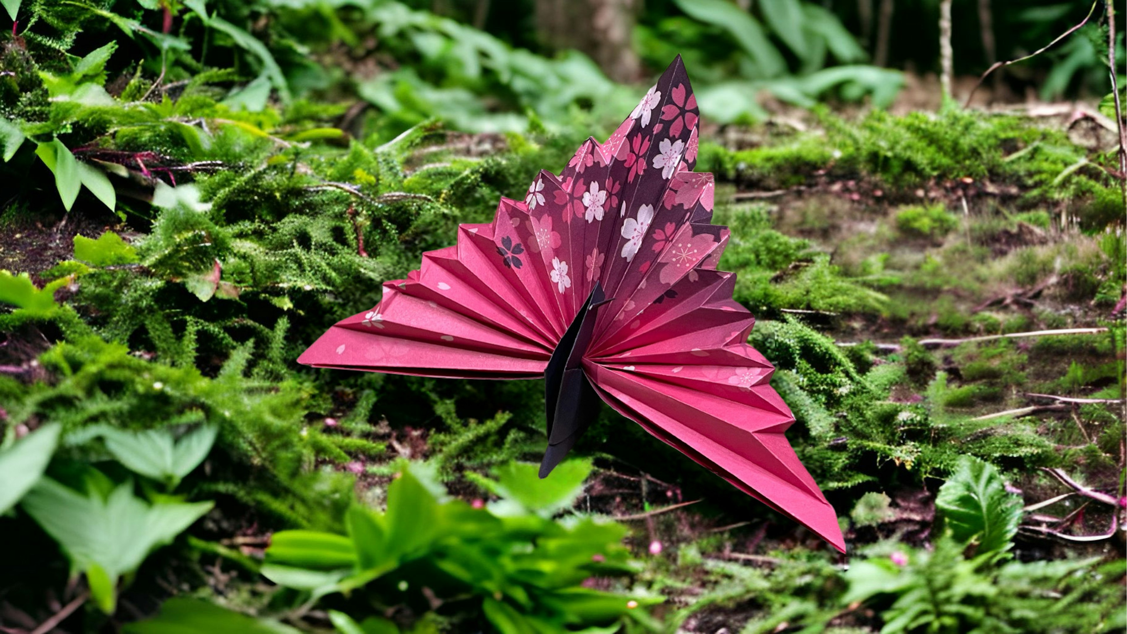 Una farfalla in origami rossa posata su muschio verde