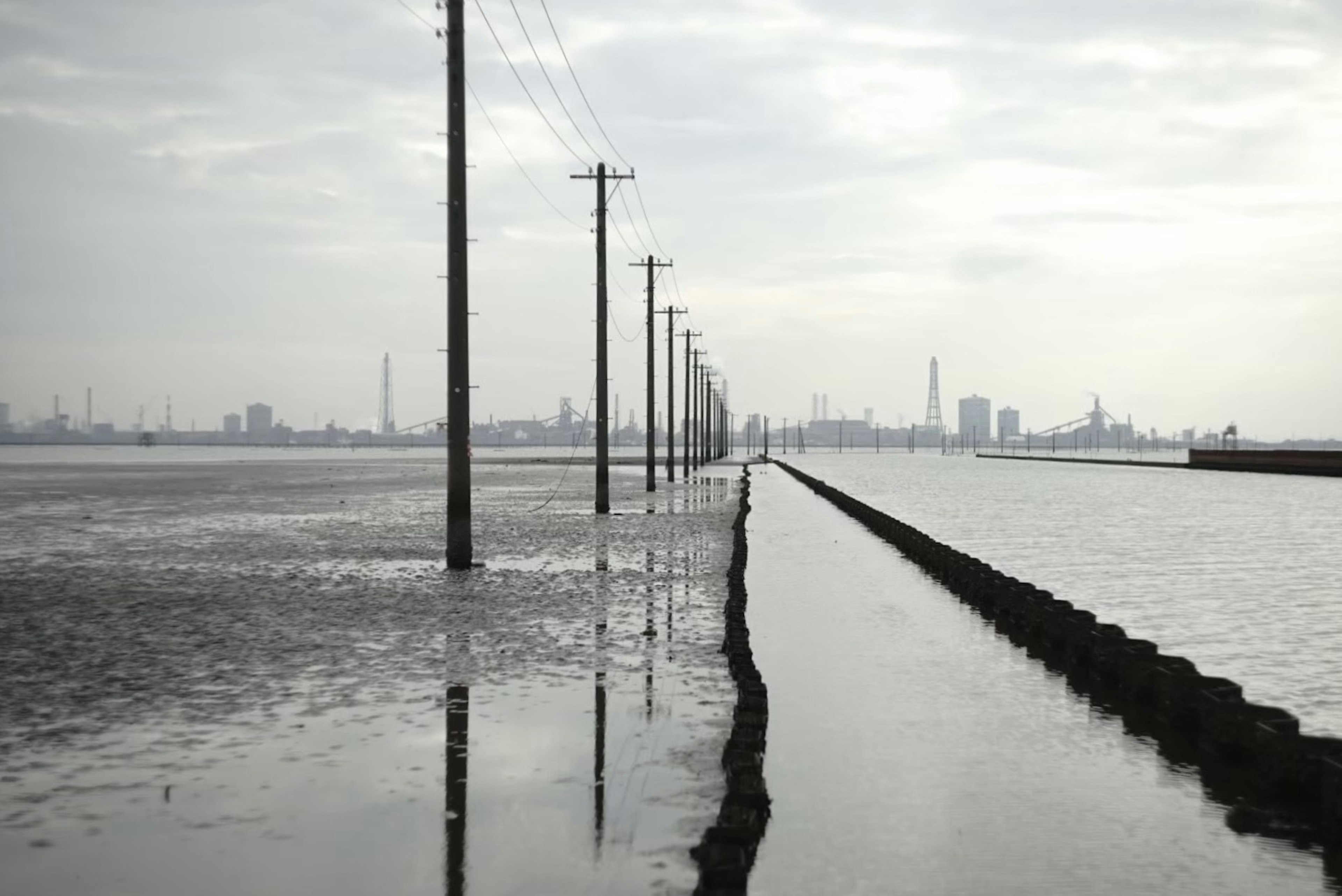 Paysage inondé avec des poteaux électriques et une digue