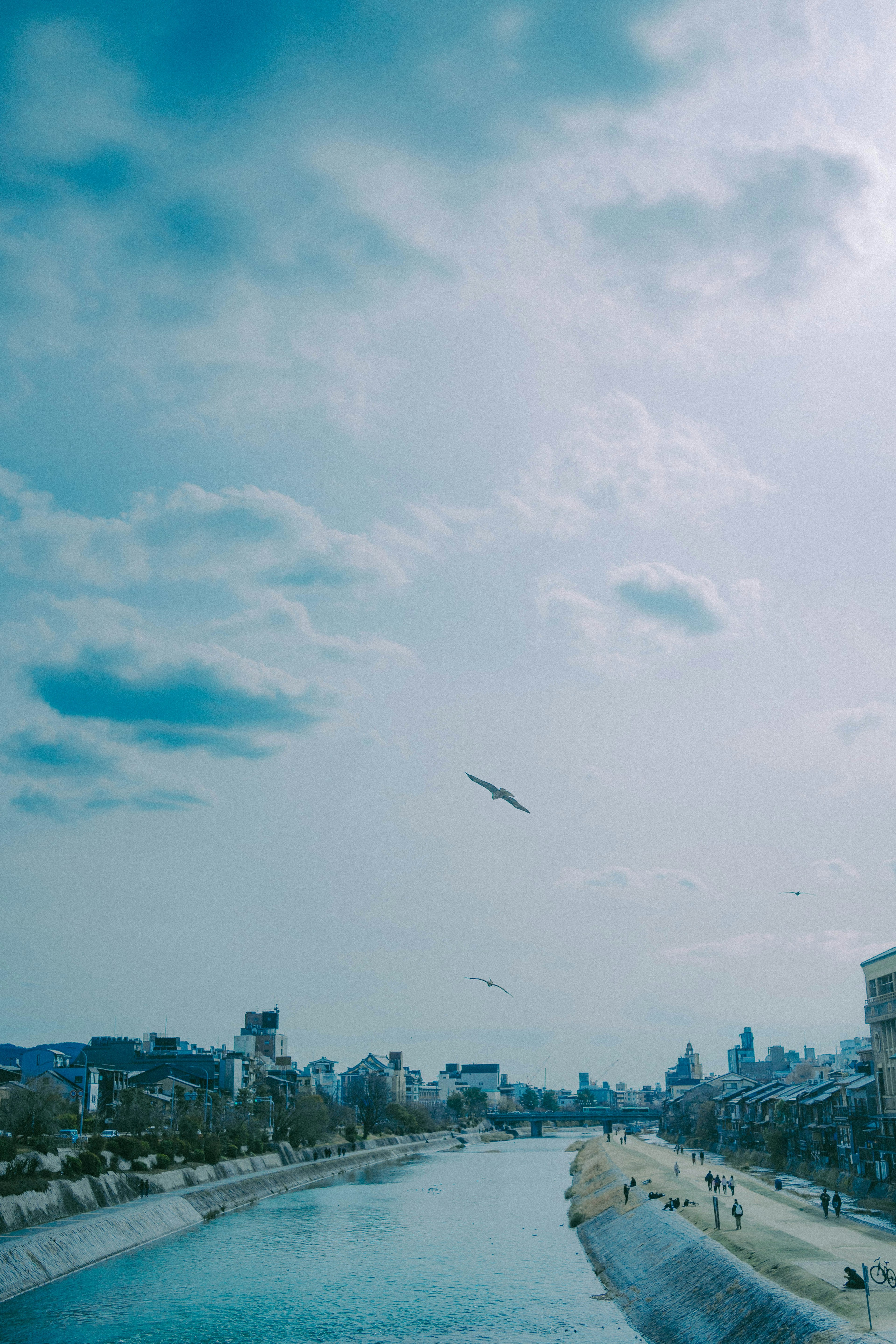 A scenic view of a river flowing under a blue sky with clouds and buildings in the background