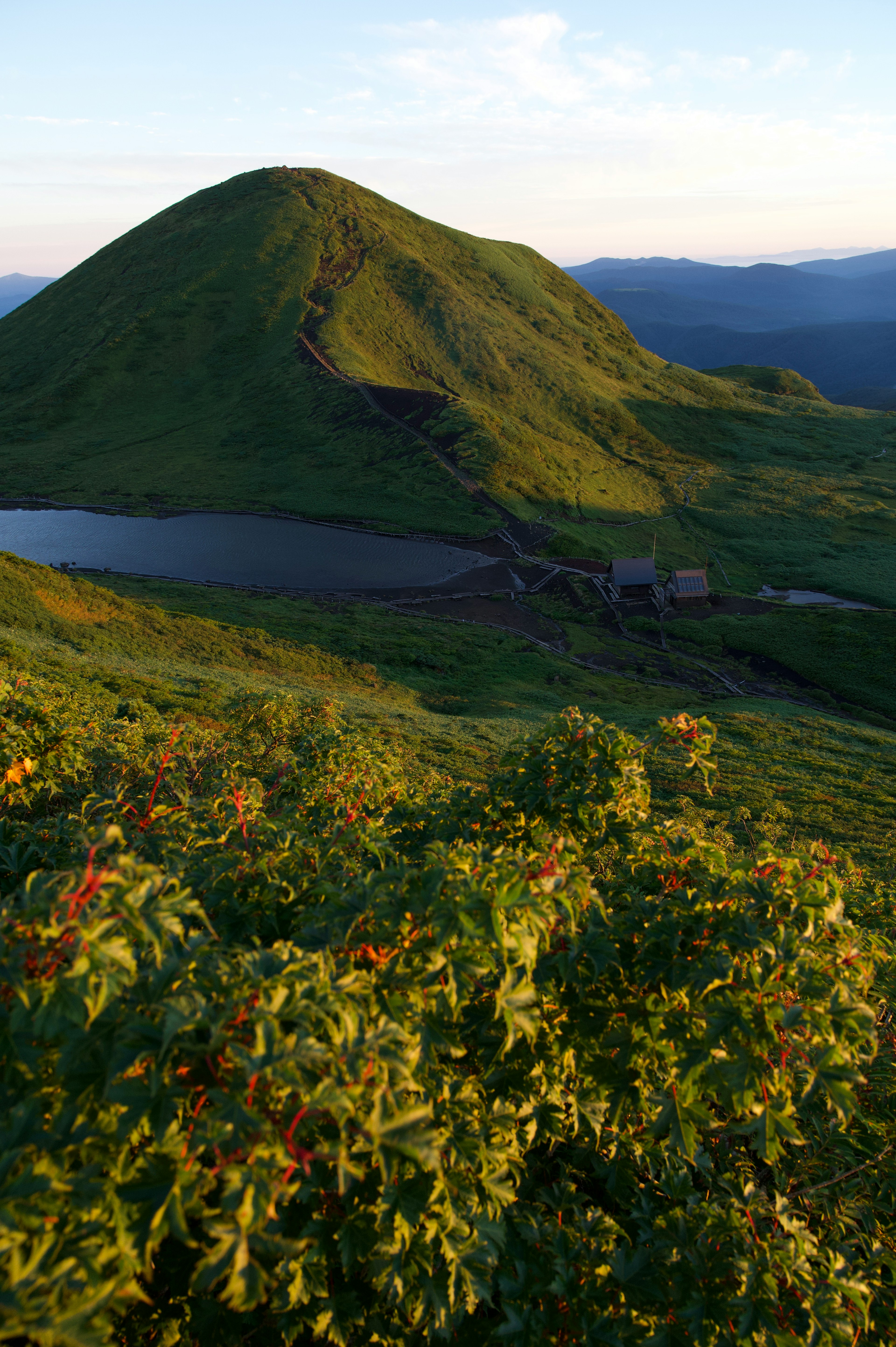 Vue panoramique d'une colline verte et d'un lac avec une lumière de coucher de soleil