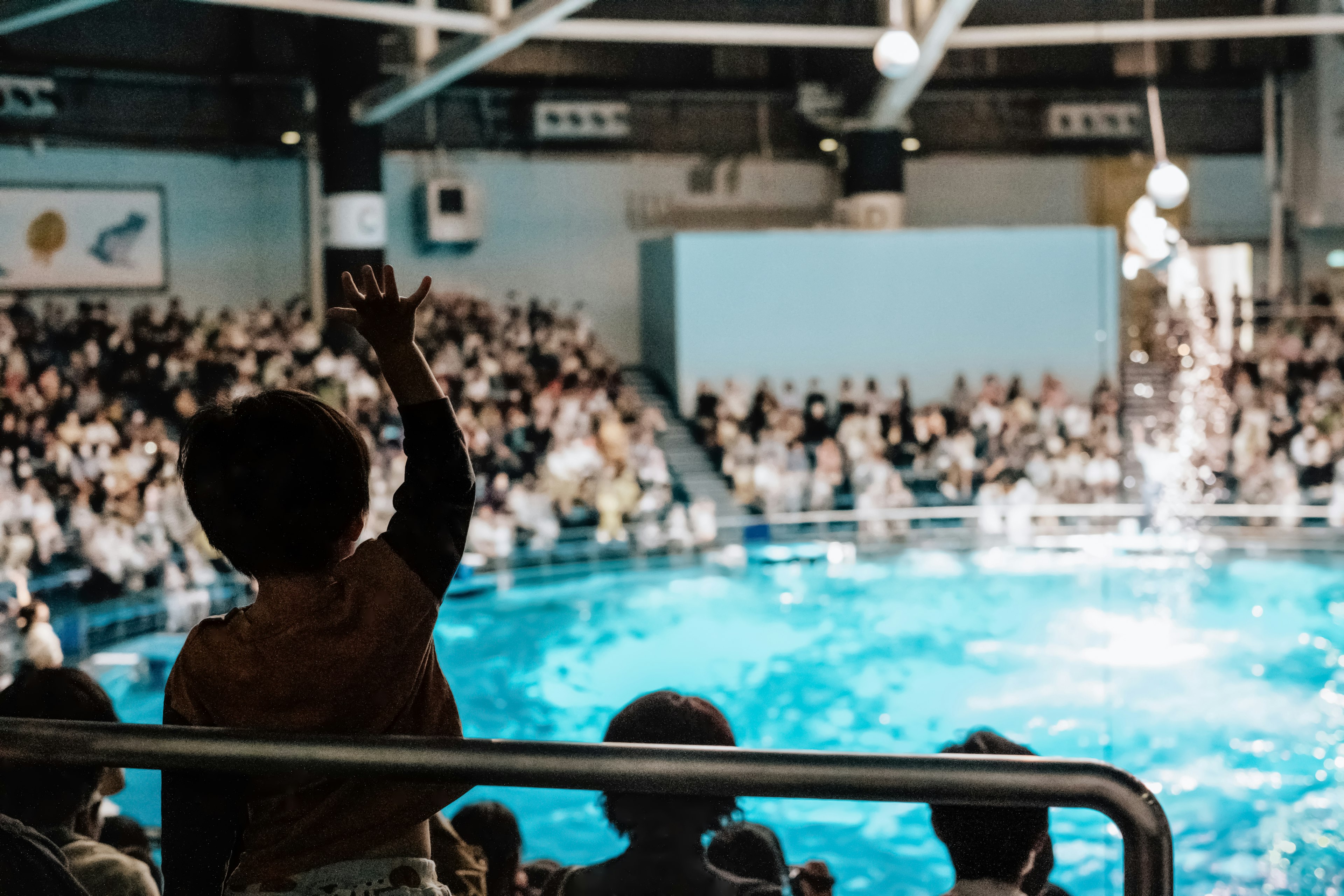 Pubblico che gode di uno spettacolo all'acquario con un bambino che saluta