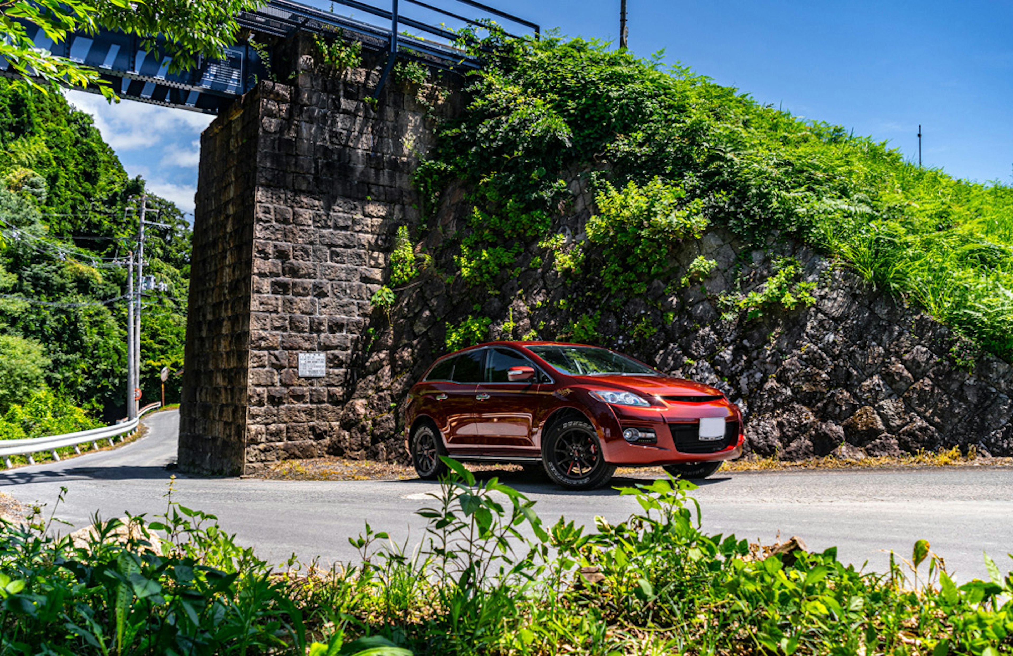 Voiture rouge garée à côté d'un mur en pierre recouvert de plantes vertes