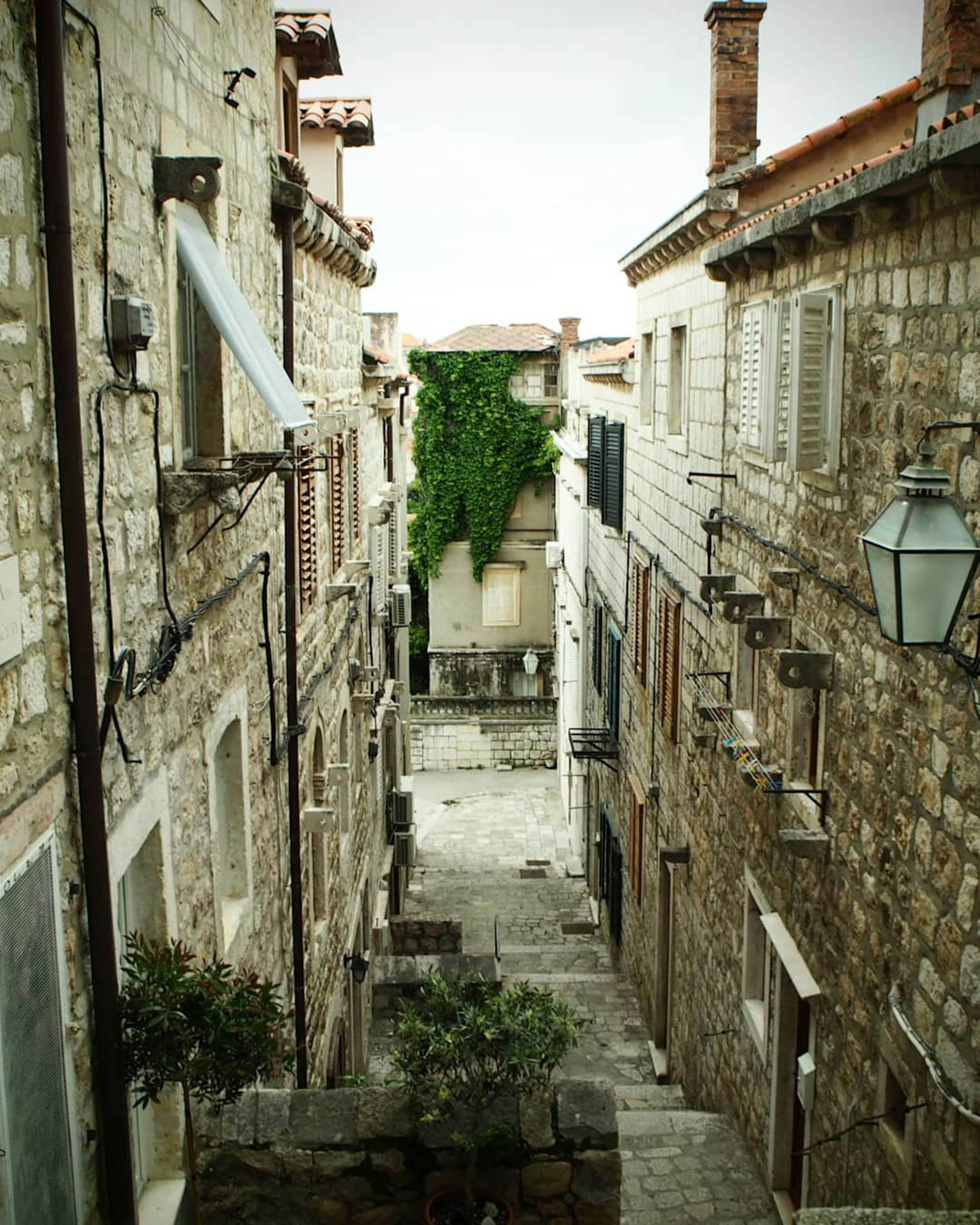 Strada stretta con edifici in pietra e vegetazione sui muri