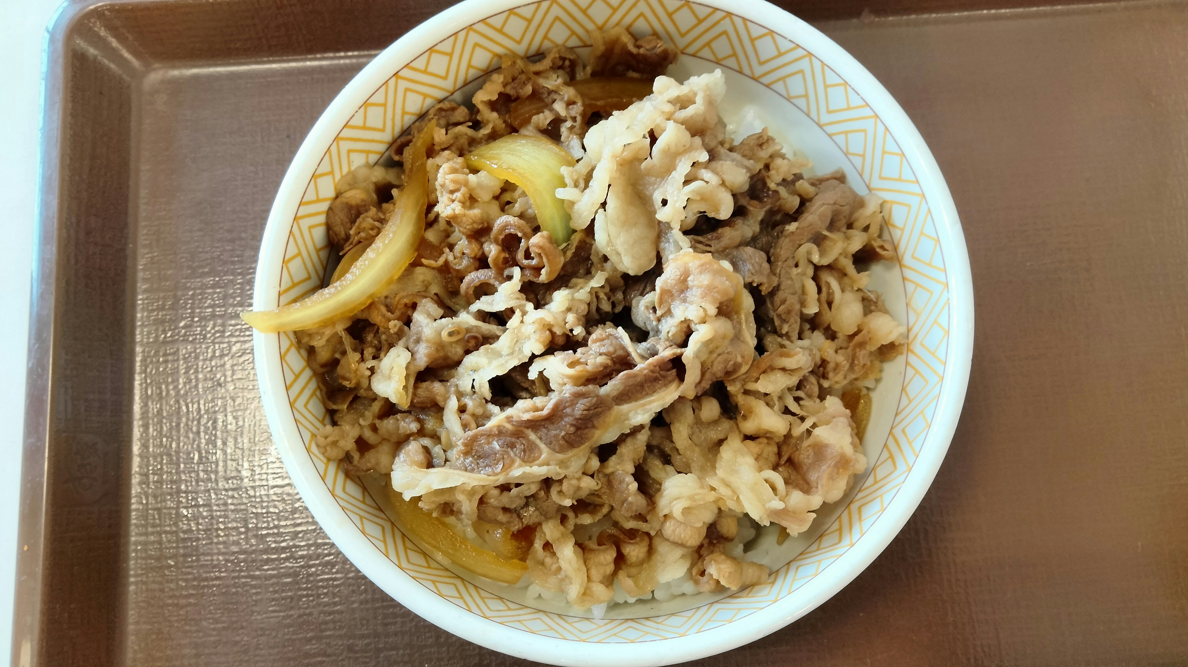 Una foto de gyudon servido en un tazón blanco con carne de res en rodajas y cebollas