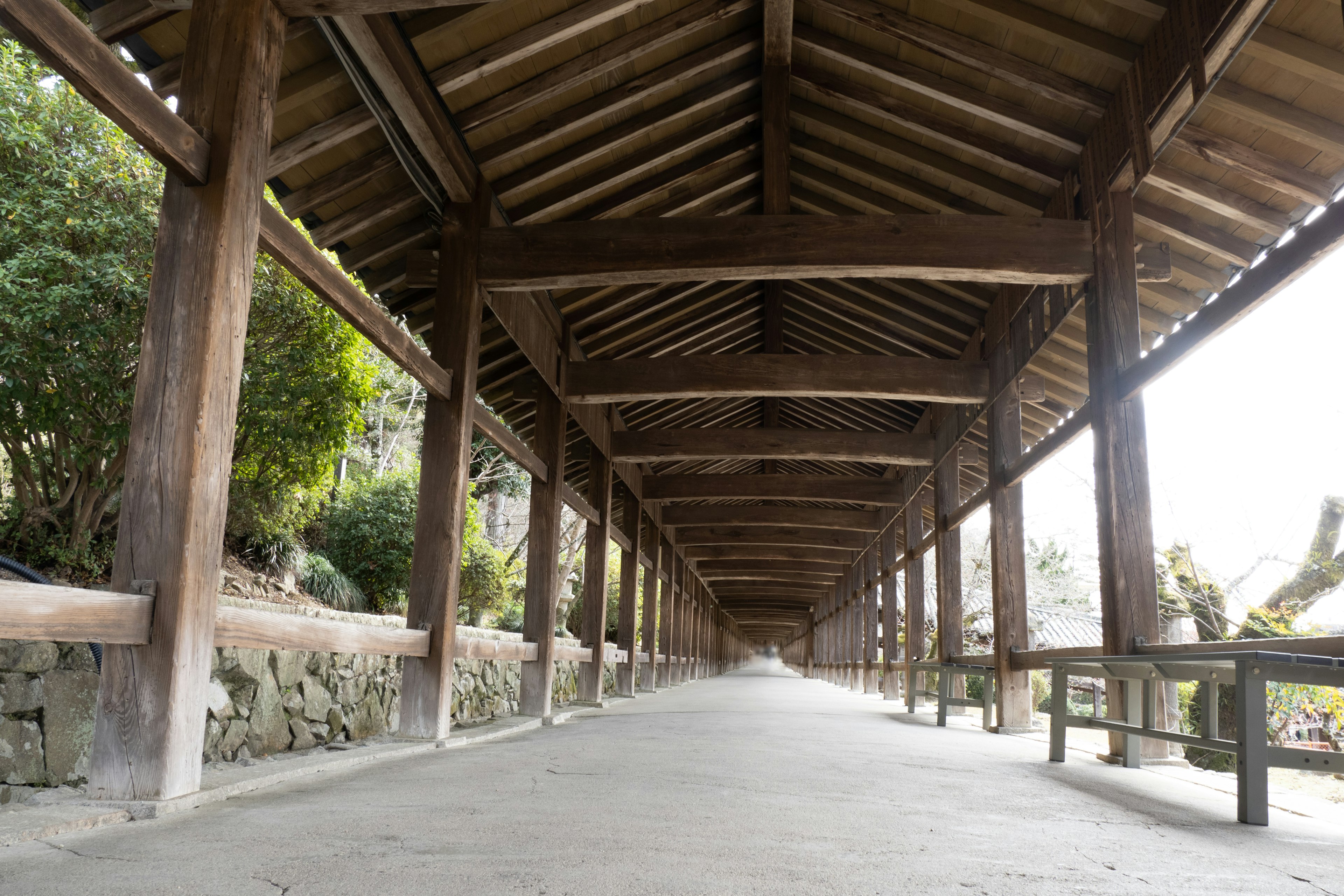 Long wooden arcade pathway surrounded by greenery