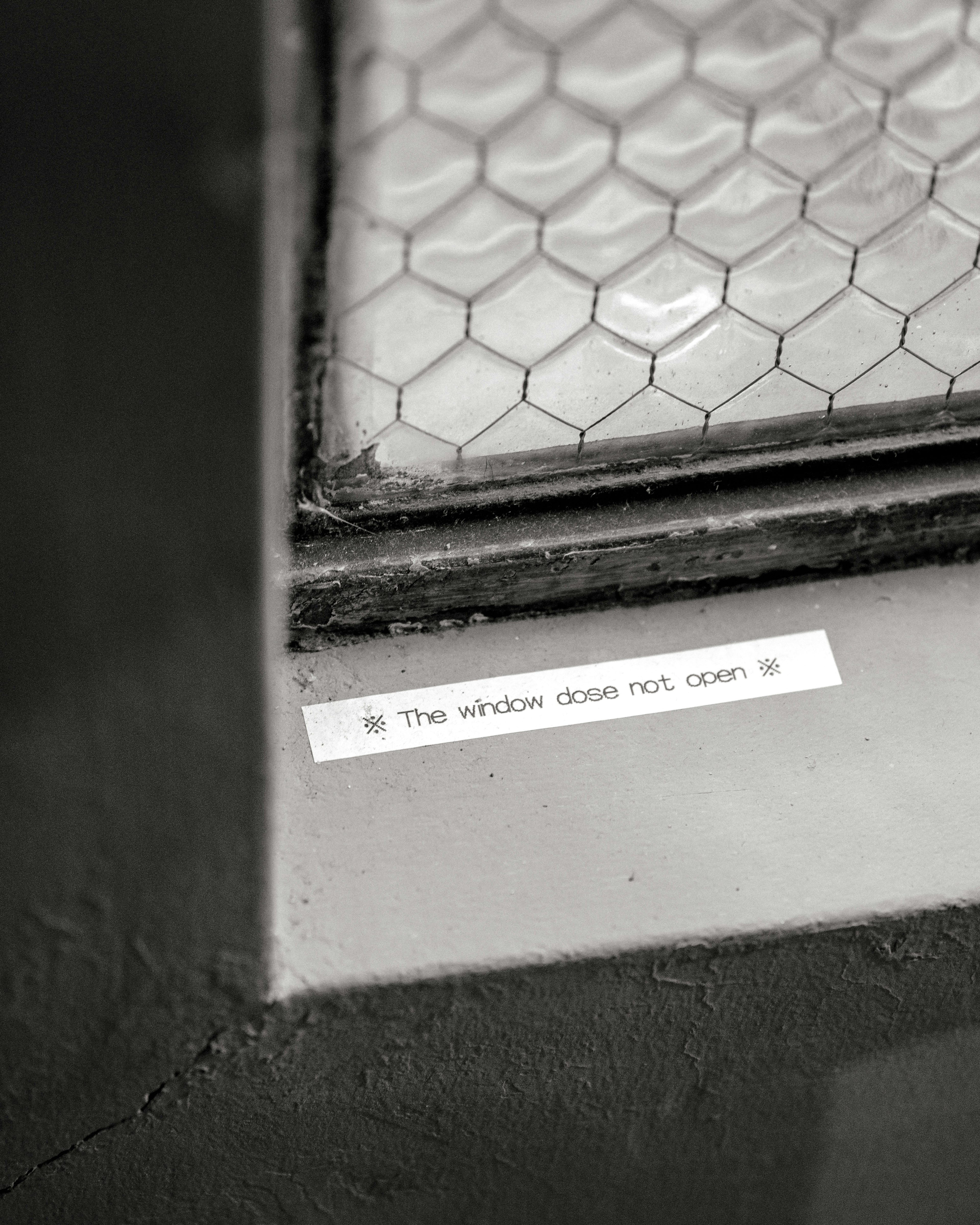 Imagen en blanco y negro con una ventana de malla metálica y una etiqueta de advertencia