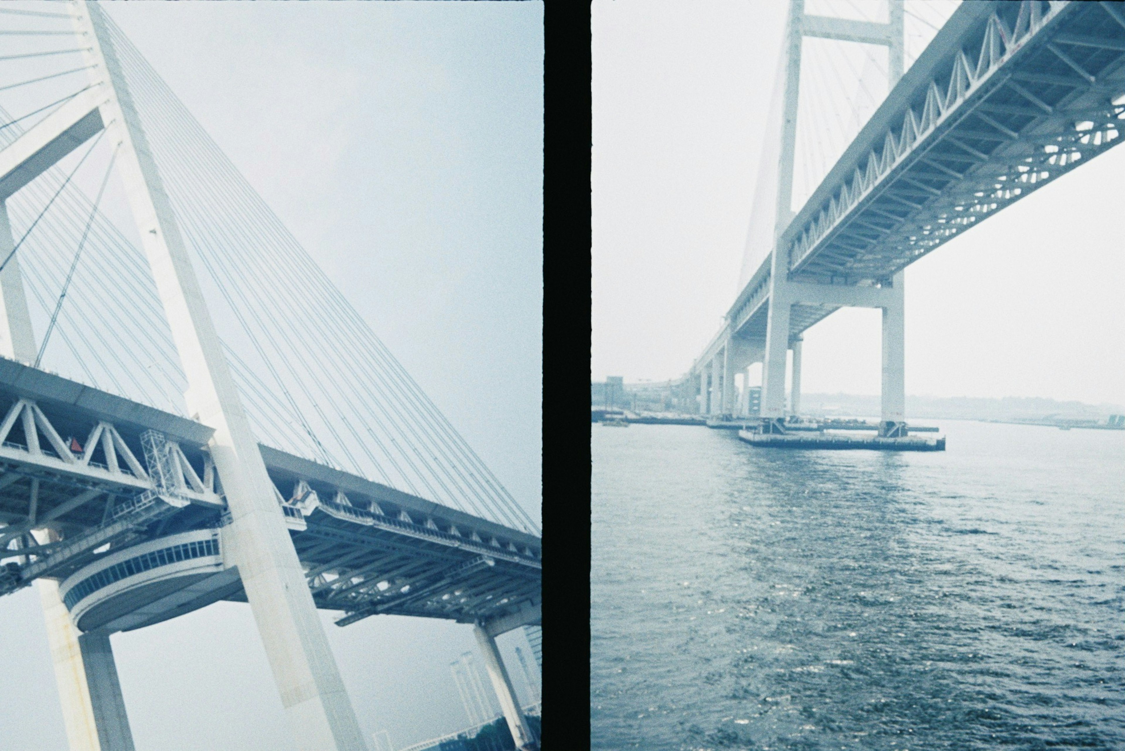 Foto, die die komplexe Struktur der Yokohama-Bucht-Brücke zeigt